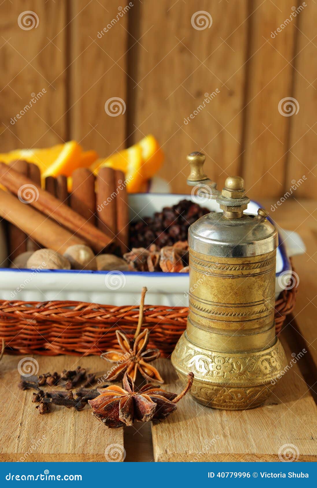 Copper Pepper Mill and Spices for Cooking Stock Photo Image of
