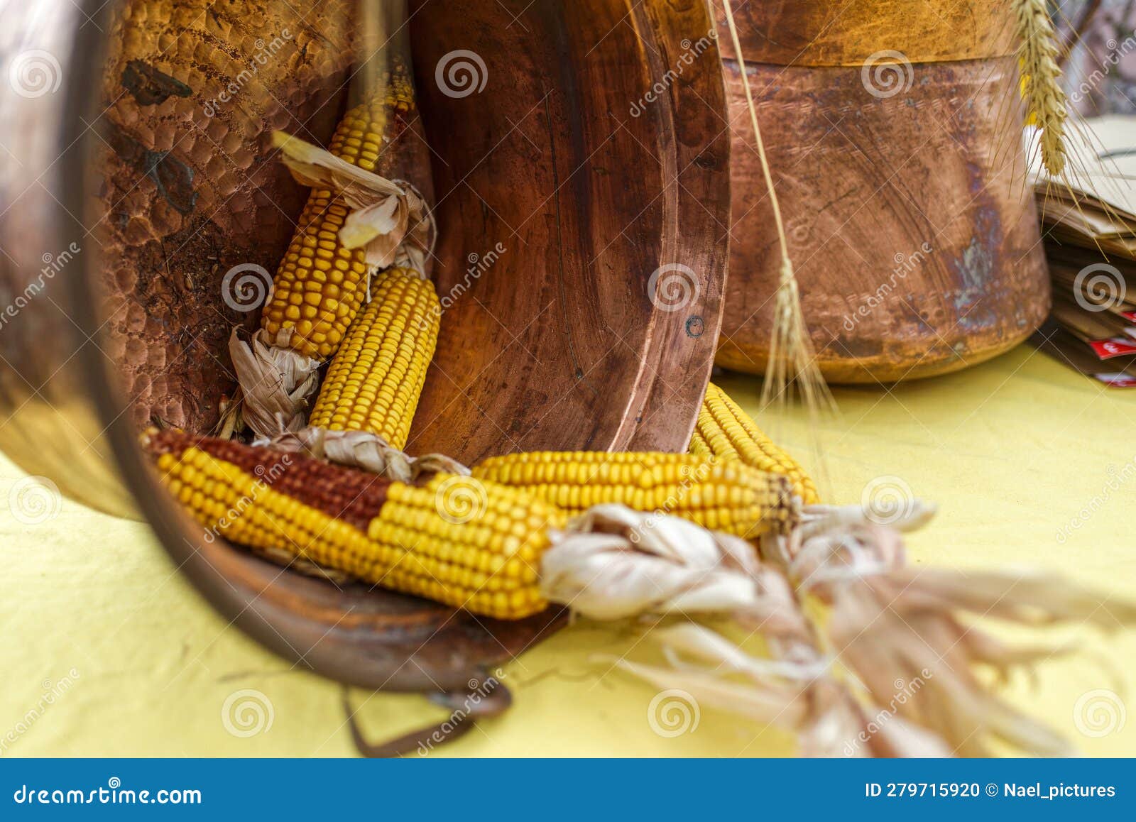 Copper pots and corn cobs stock photo. Image of vegetable 279715920