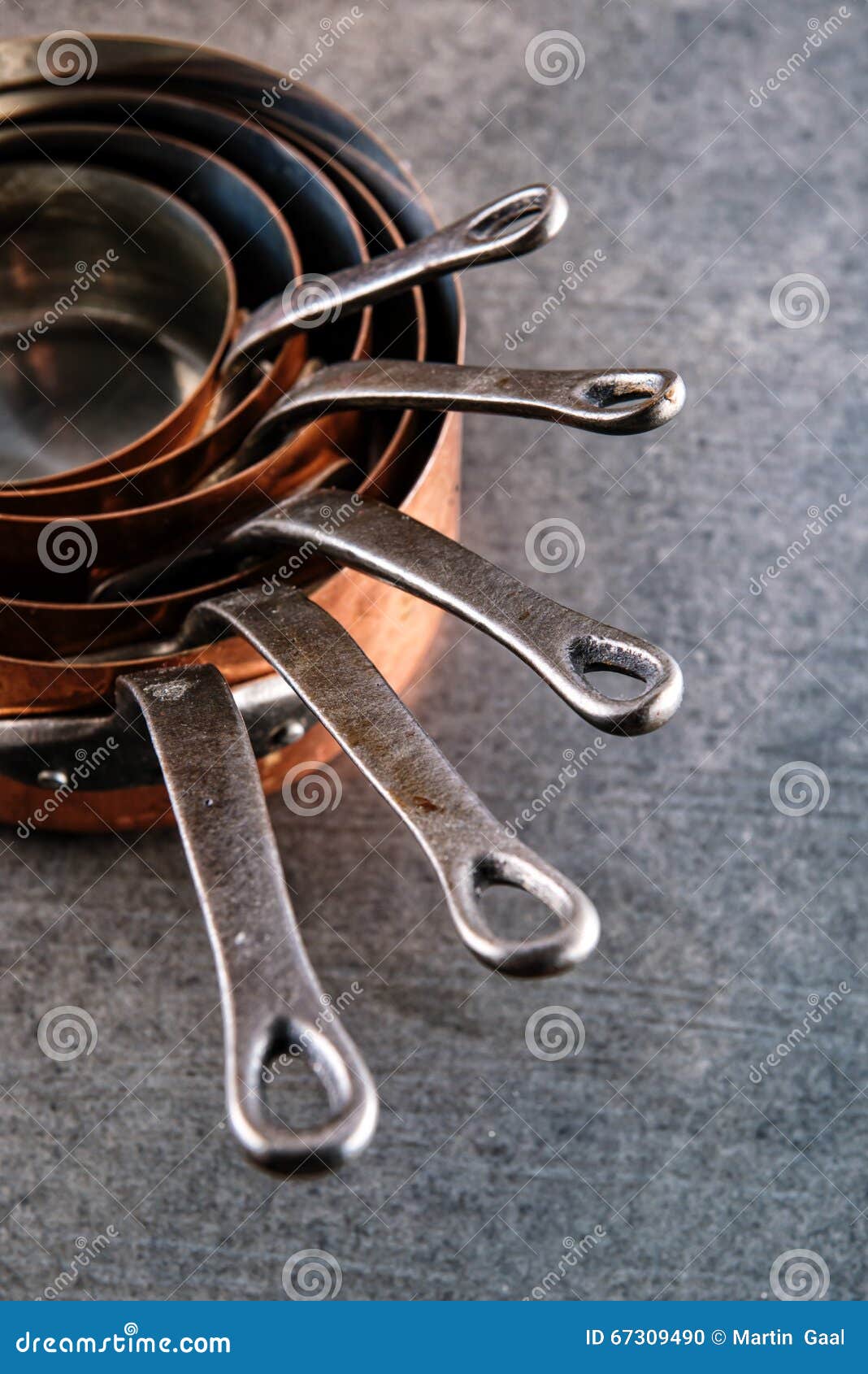 Copper Pots and Pans, Set of Copper Cookware for Restaurant Stock Photo
