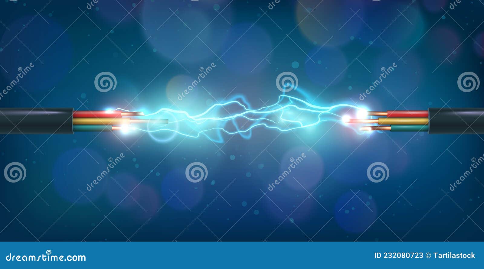 copper power cable connection with glowing electrical spark. colored energy circuit wires discharge. communication