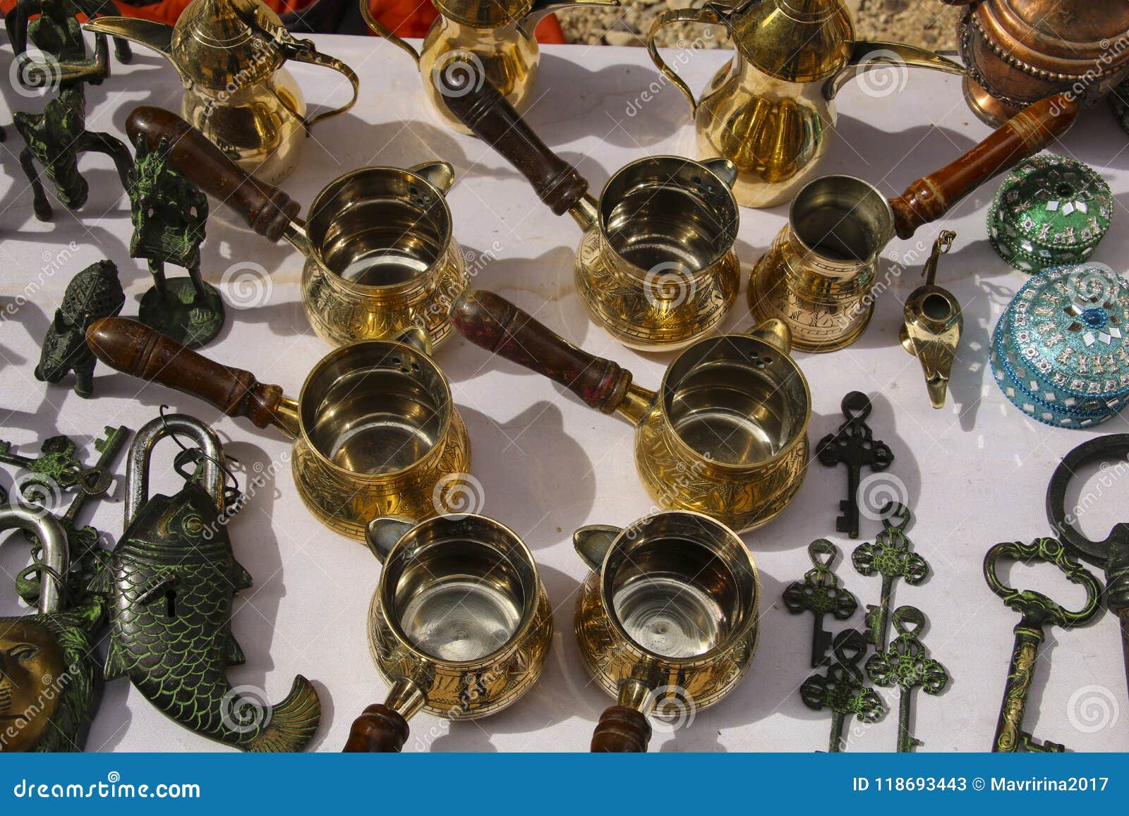 Copper Sets for Making Turkish Coffee, Ancient Keys and Locks in Stock