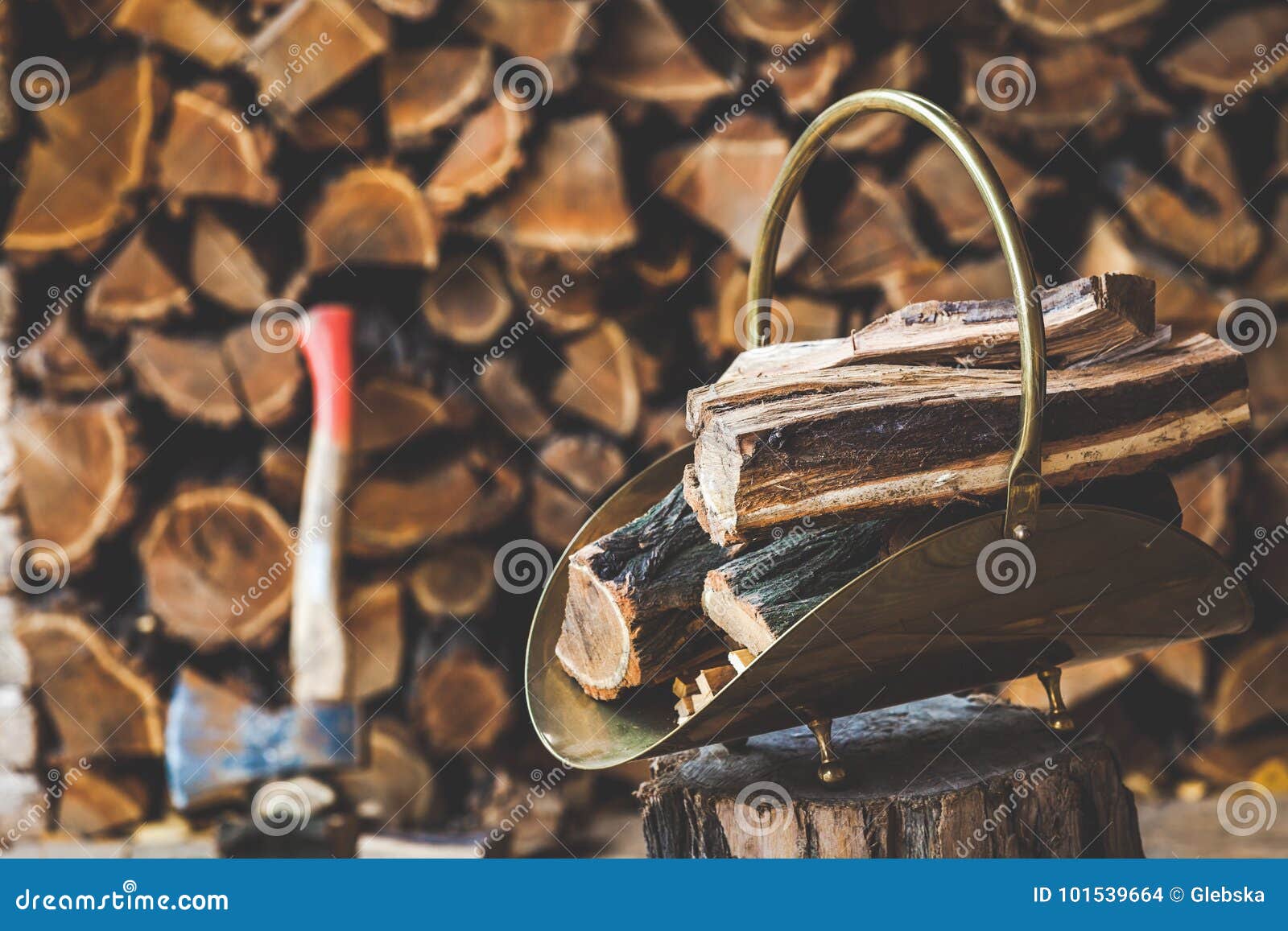 Copper Stack of Standing on Stump in Her Firewood, Ax Stock Photo Image of fireplace, closeup
