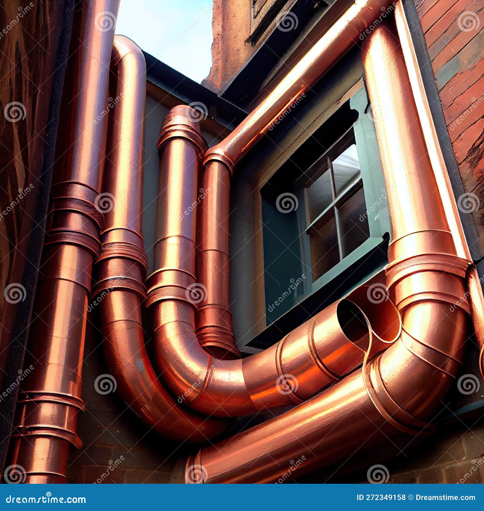 Copper Temporary Replacement of Downpipes in the City Stock Photo