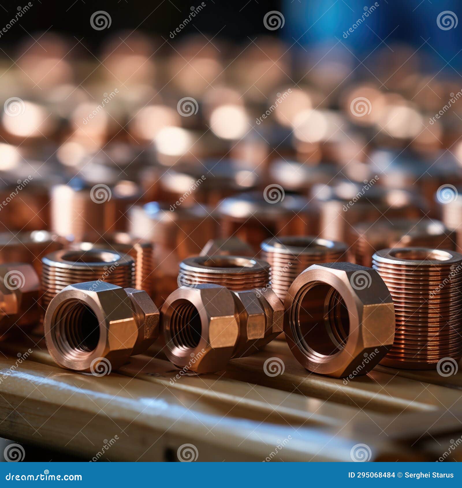 Copper Threaded Nuts and Bolts on a Table, AI Stock Photo Image of