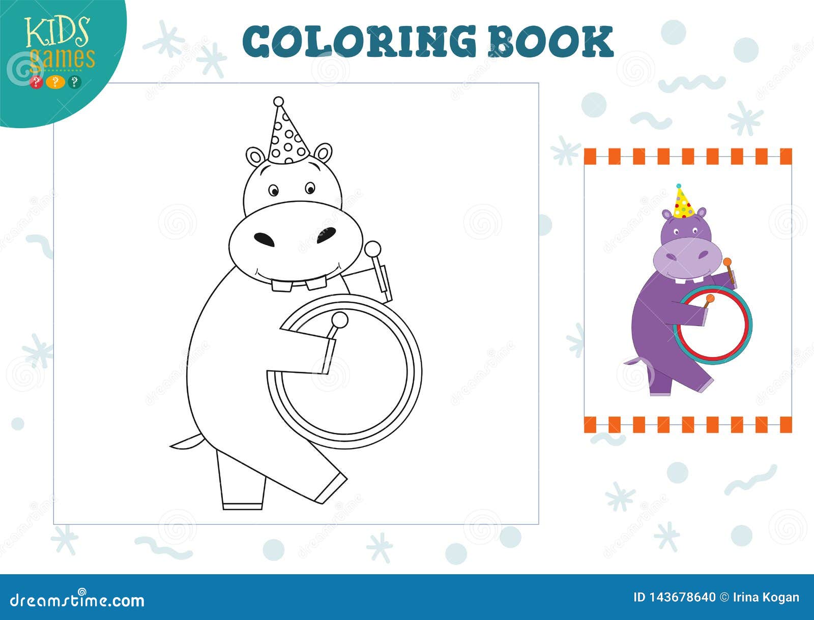 Copy and Color Picture Vector Illustration, Exercise. Funny Cartoon Hippo  with Drum Stock Vector - Illustration of book, copy: 143678640