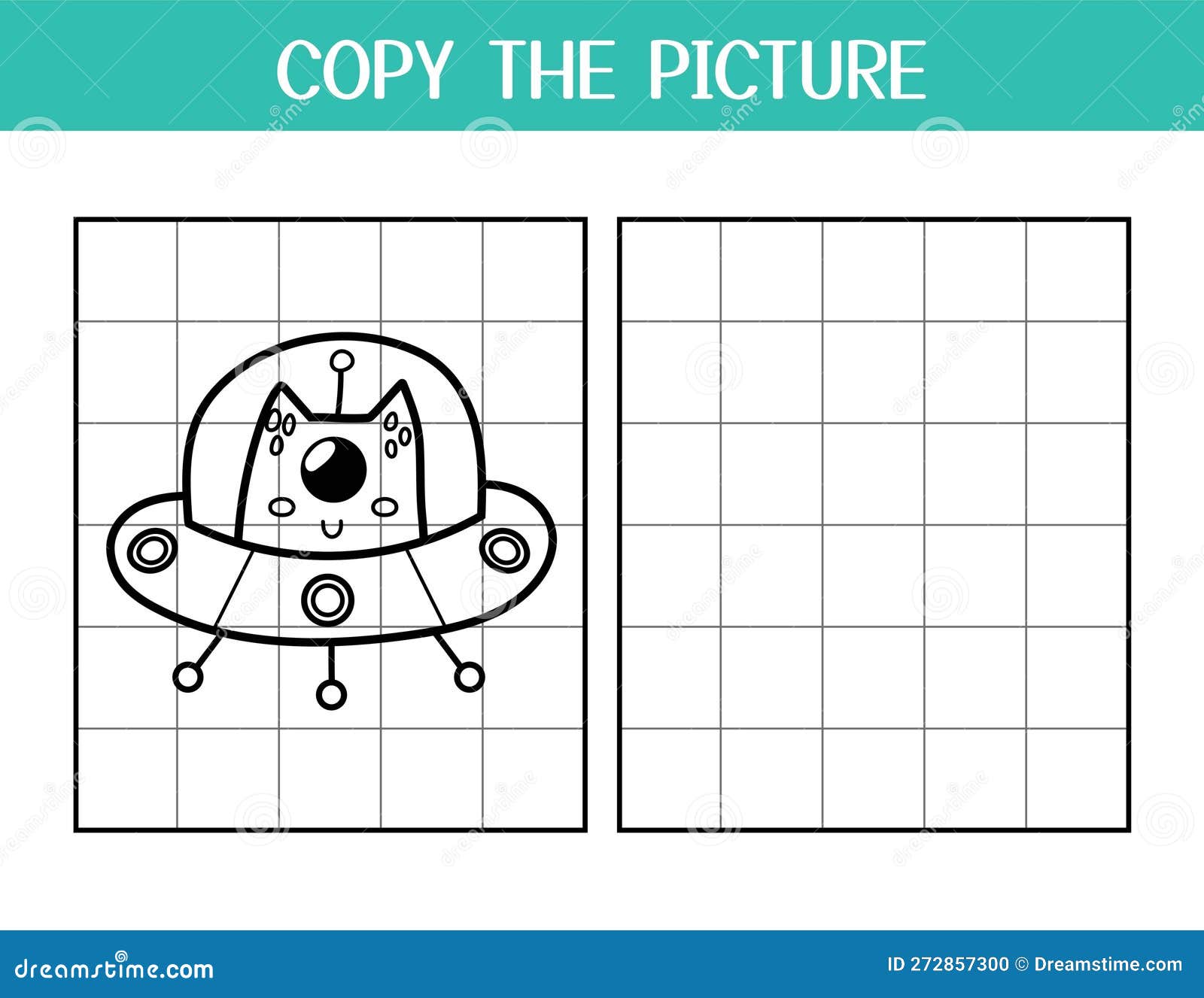 copy the picture activity page for kids. draw and color a cute alien in flying saucer using the example