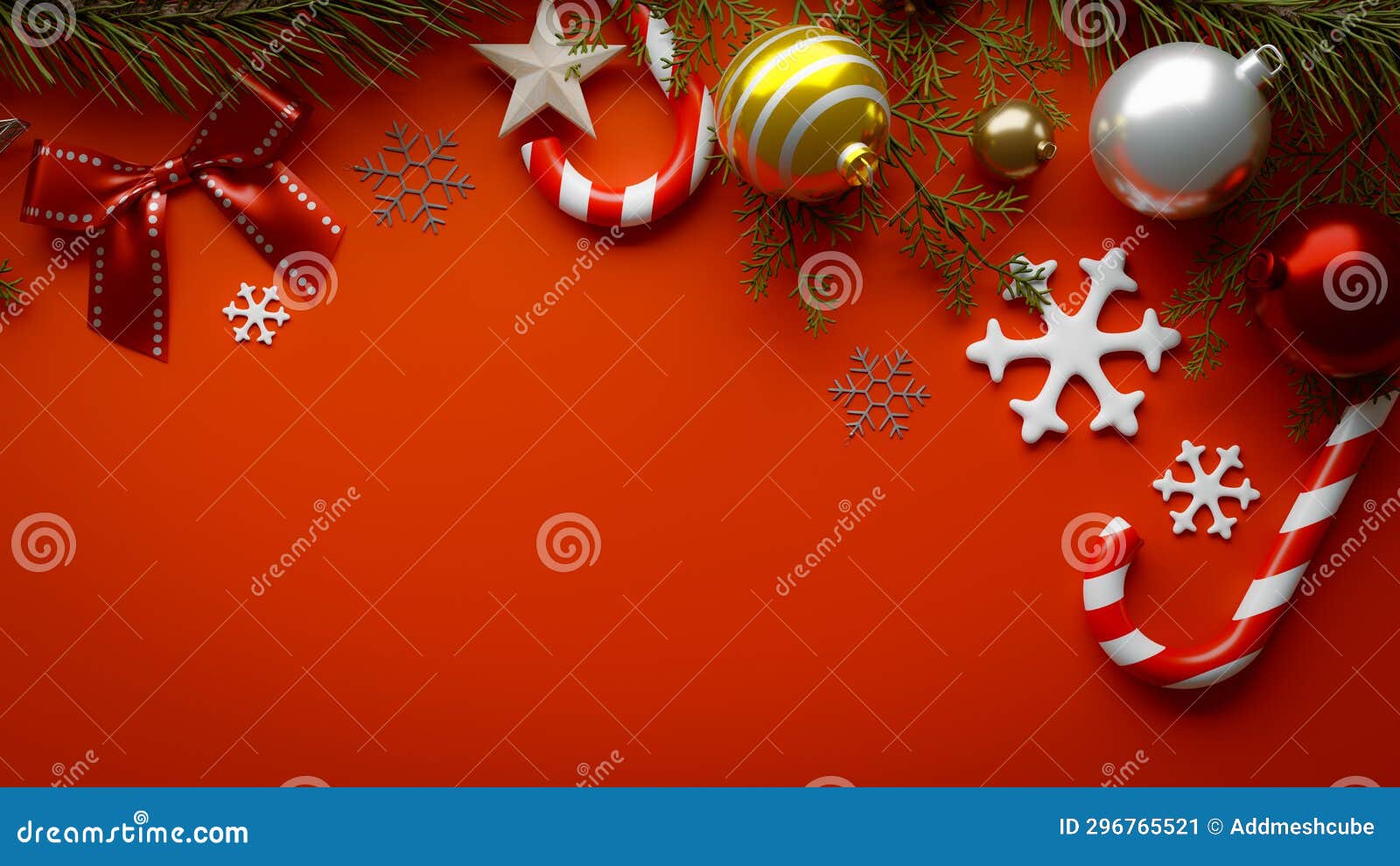 Copy Space Background with Christmas Ornaments, 3d Rendering Stock