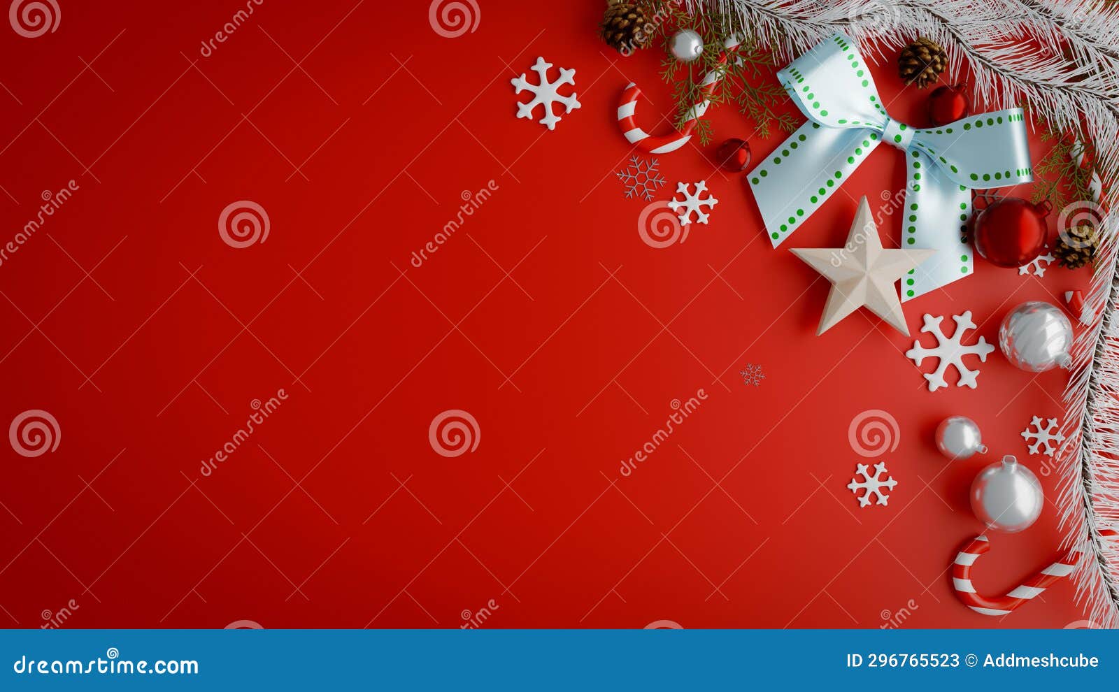 Copy Space Background with Christmas Ornaments, 3d Rendering Stock