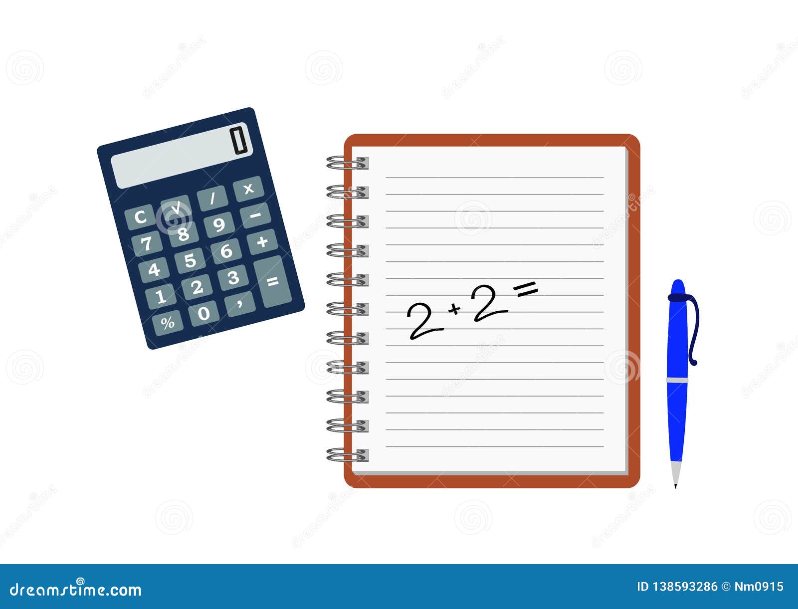 Copybook with Arithmetic Example, Calculator and Pen Stock Vector