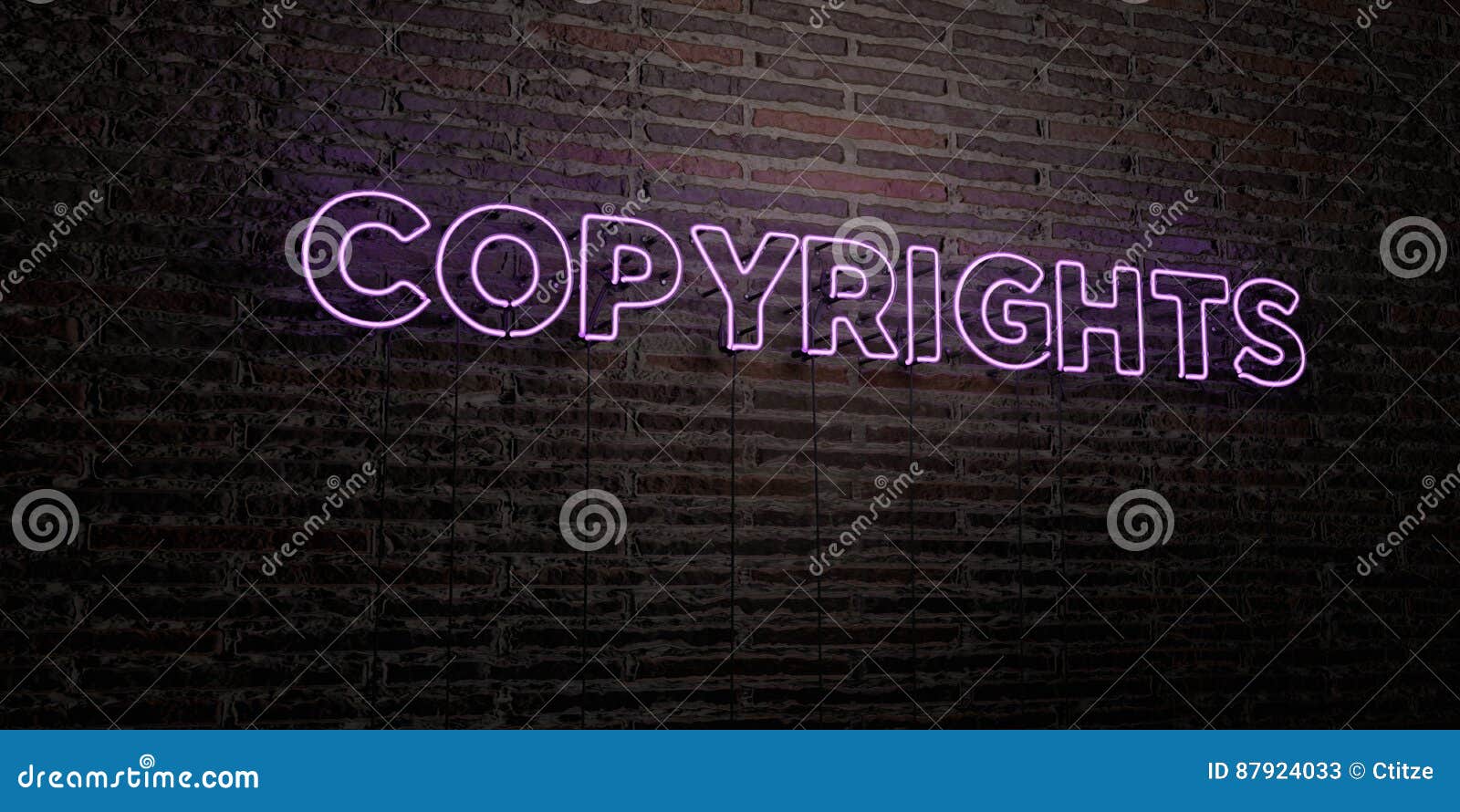 copyrights -realistic neon sign on brick wall background - 3d rendered royalty free stock image