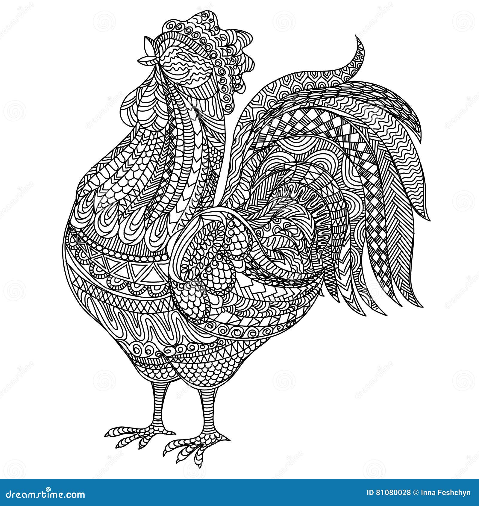 Coq d adulte et de livre de coloriage d enfants Animlas de ferme Poule tirée par la main avec le mod¨le floral ethnique de griffo