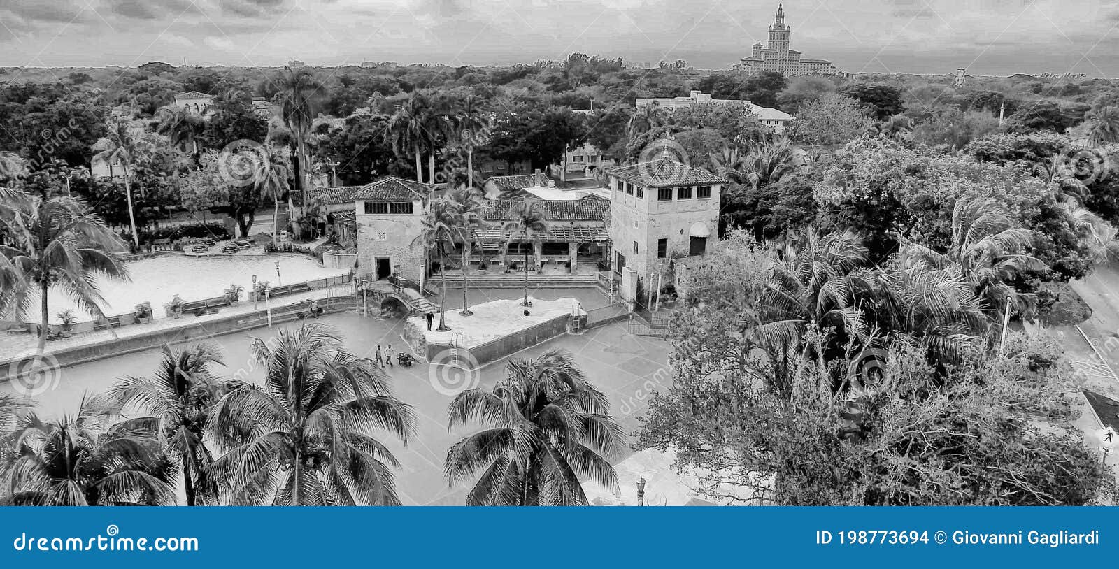 coral gables buildings and park as seen from drone, slow motion