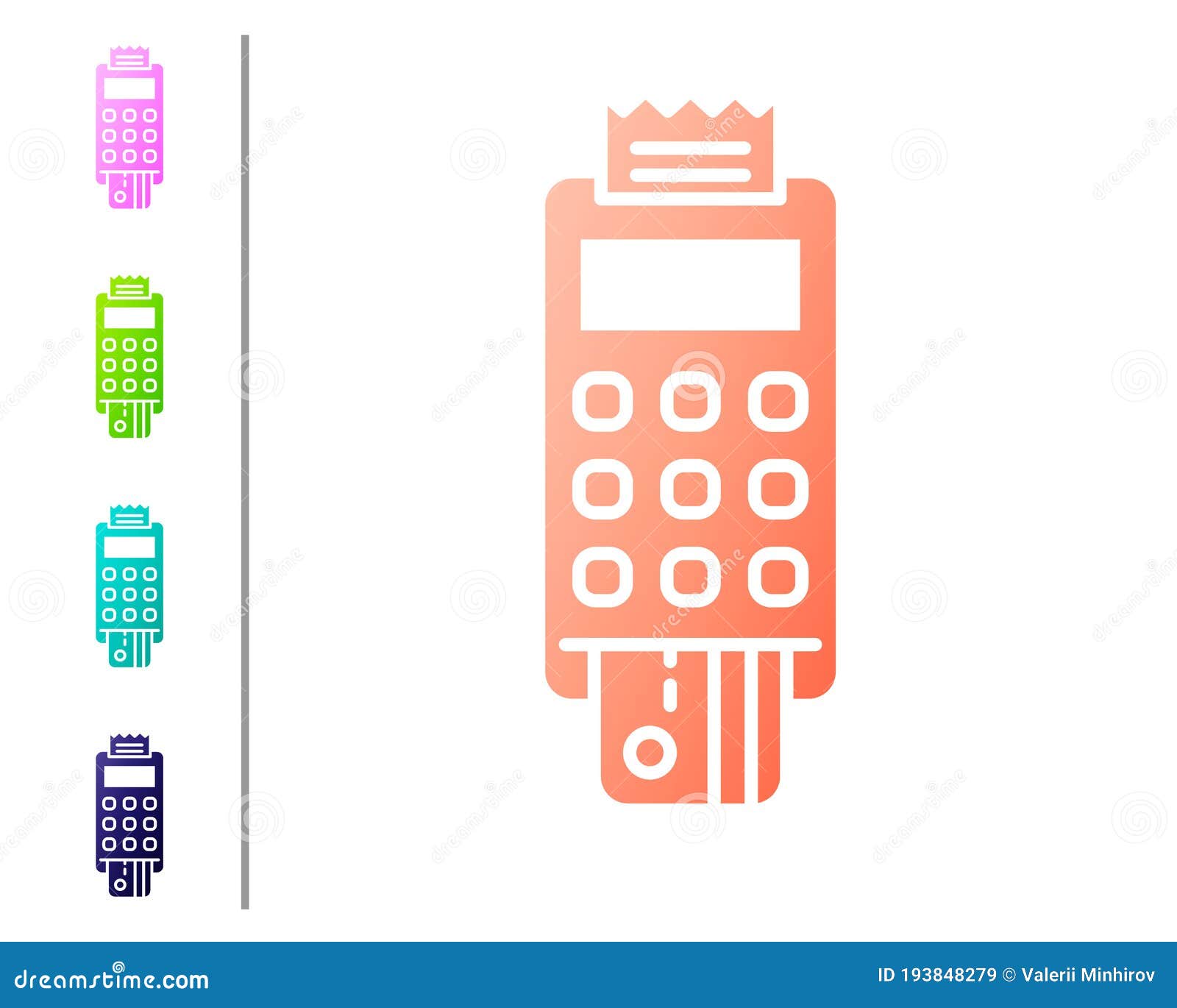 coral pos terminal with inserted credit card and printed reciept icon  on white background. nfc payment concept