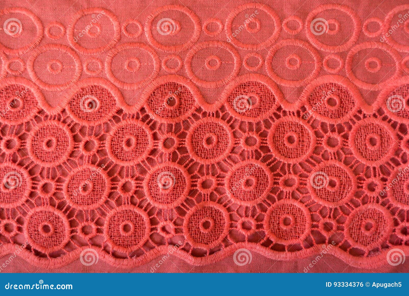 Coral Red Linen Fabric with Embroidered Circles and Crochet Lace Stock ...