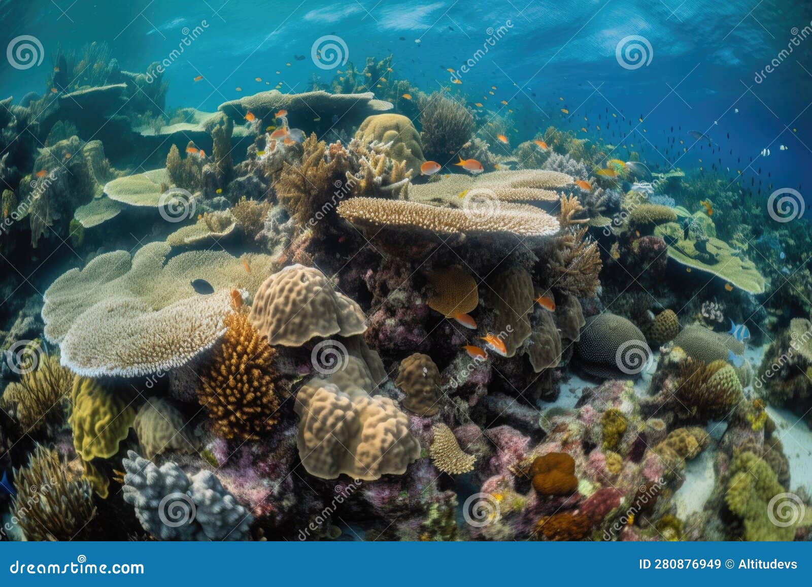 Coral Reef Community with Diverse Species of Fish, Eels, and Octopuses