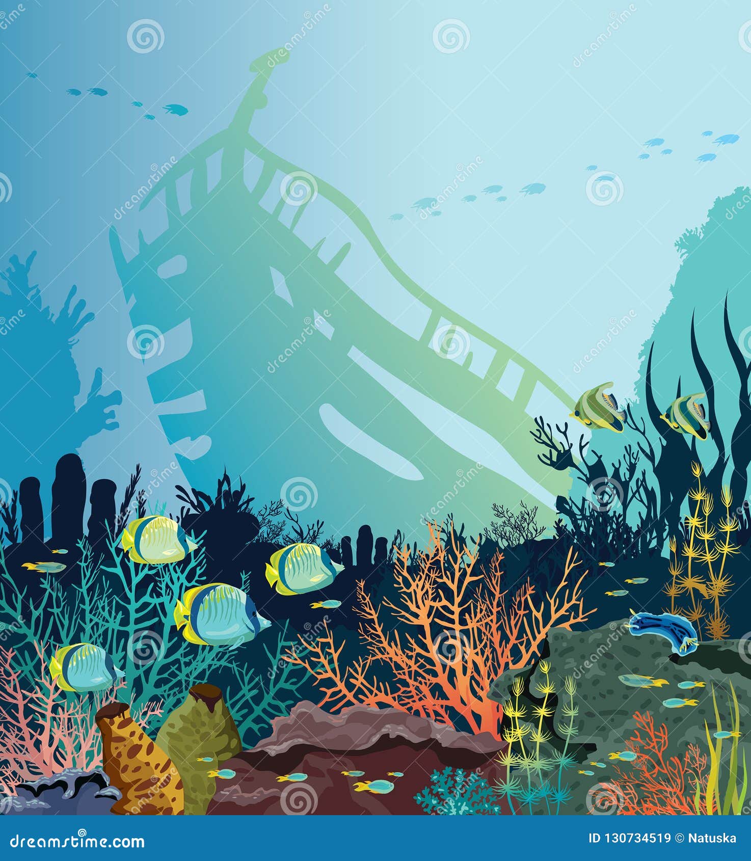Coral Reef Fish Sunken Ship Underwater Sea Stock