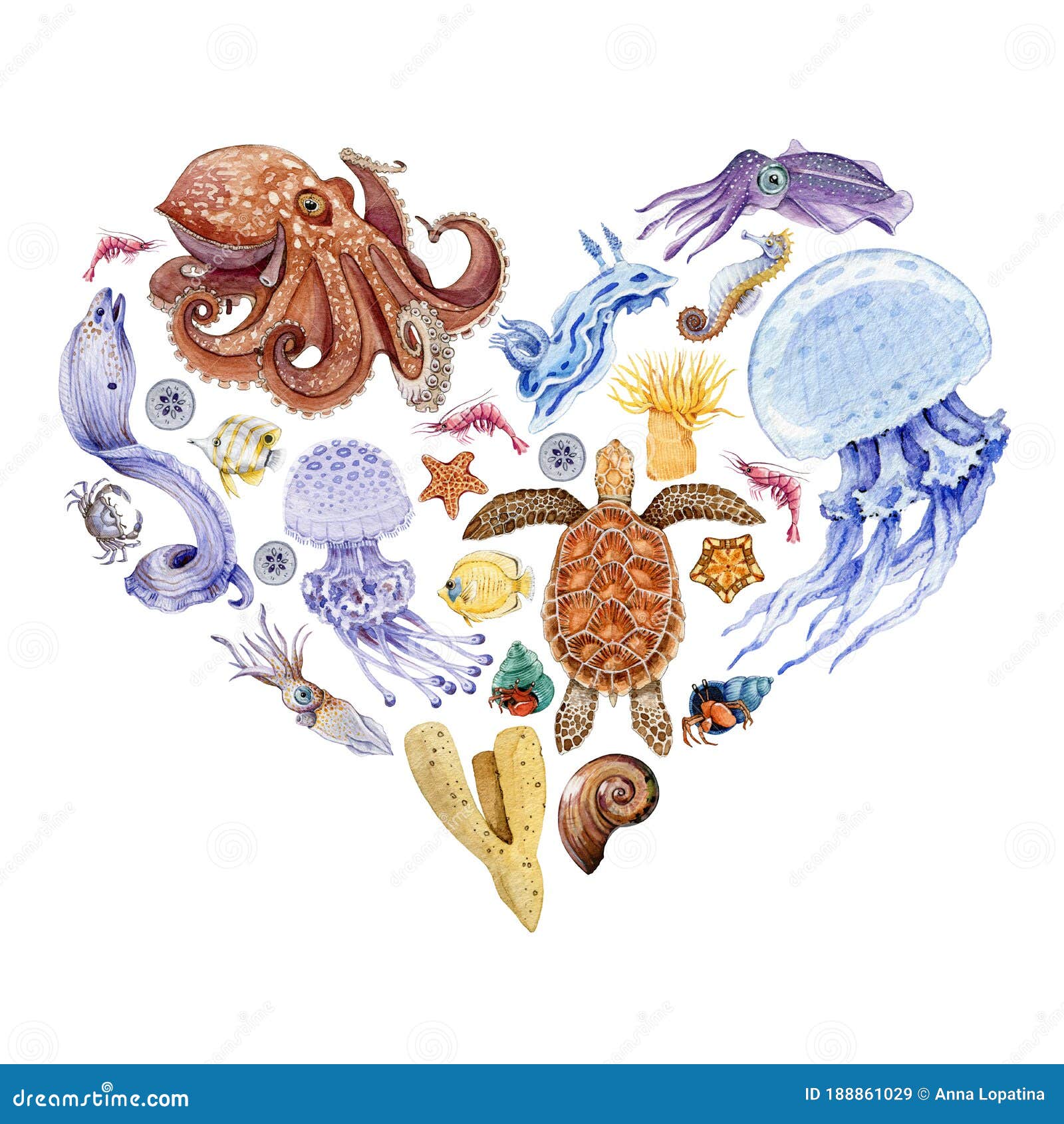 Coral Reef Sea Animals Heart Shape Watercolor Illustration. Hand 