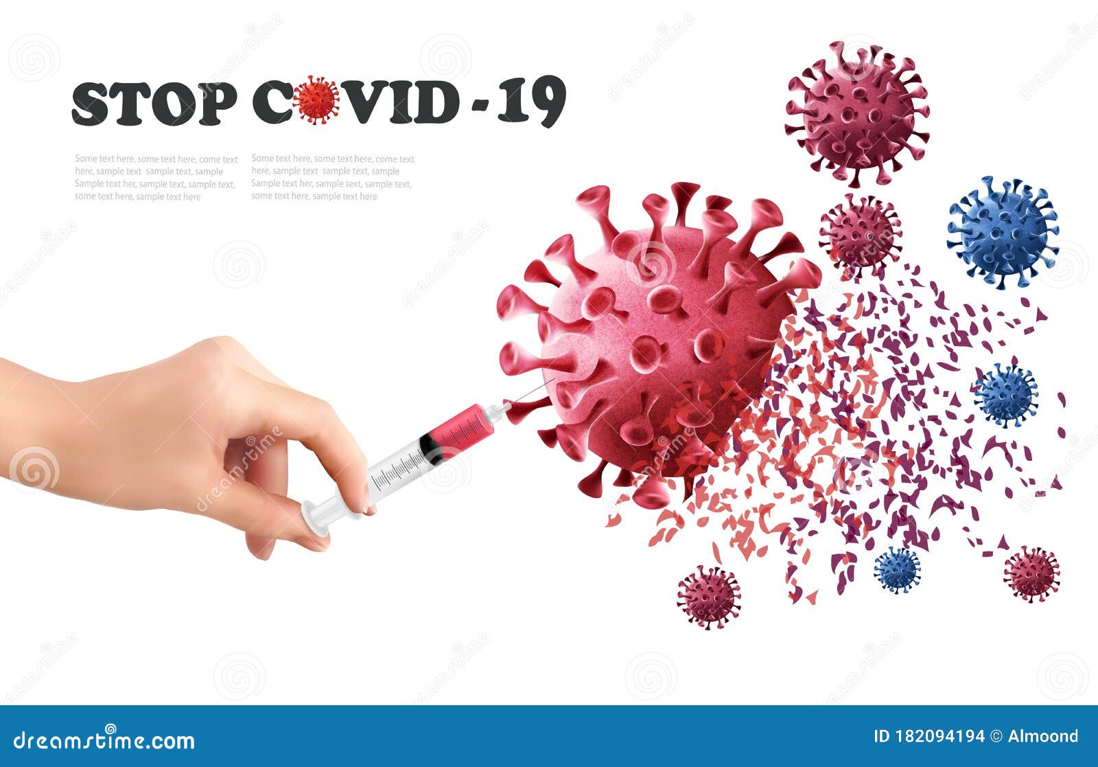 coranavirus concept background. hand holding syringe with vaccine destroying virus covid - 19