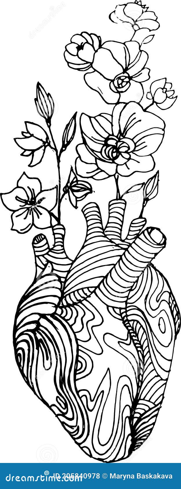 Corazón Con Flores Creciendo a Partir Del Tatuaje Interior Ilustración del Vector - Ilustración de insignia, adentro: 205840978