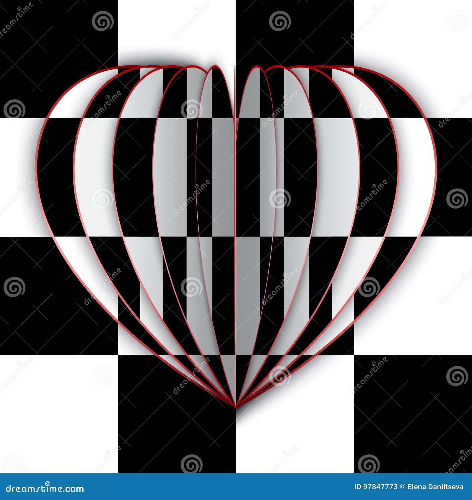 Coração preto e branco no fundo da xadrez