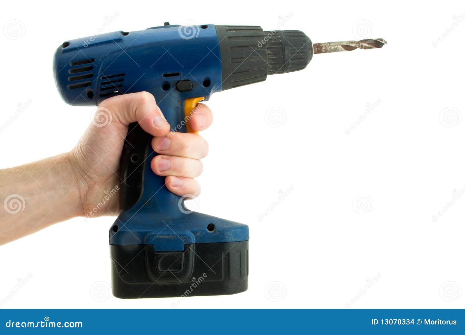 Cordless Screwdriver in His Hand Stock Photo Image of borer, object