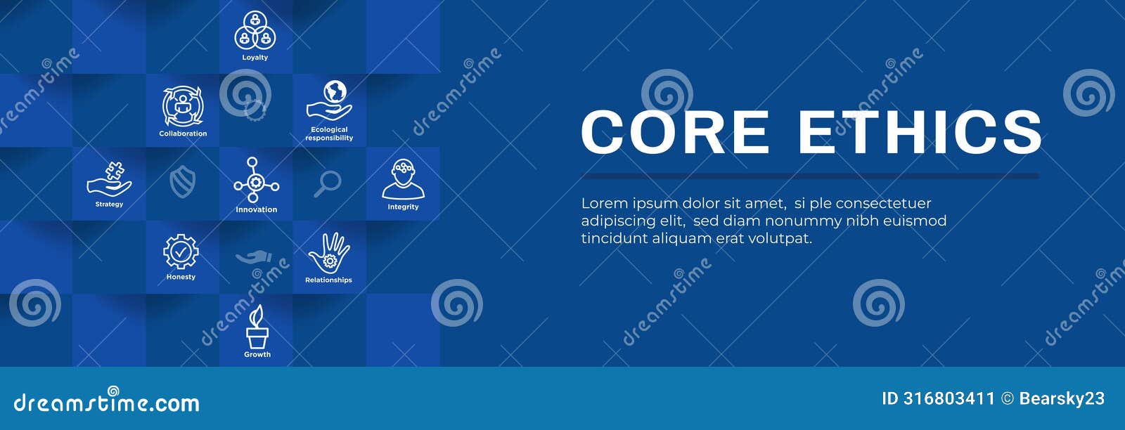 core ethics web header banner with dedication integrity and mission core values icons