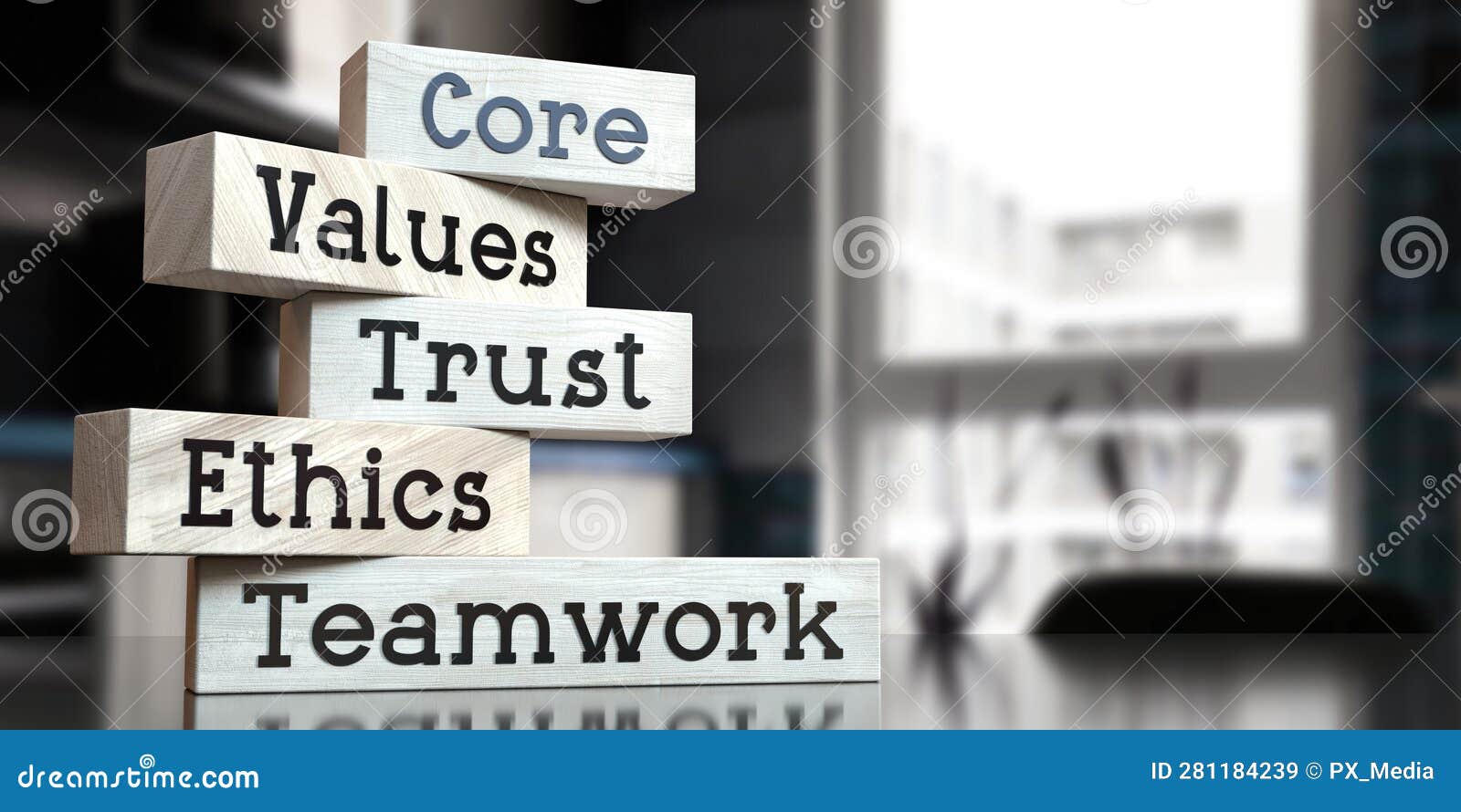 Core, Values, Trust, Ethics, Teamwork Words on Wooden Blocks Stock