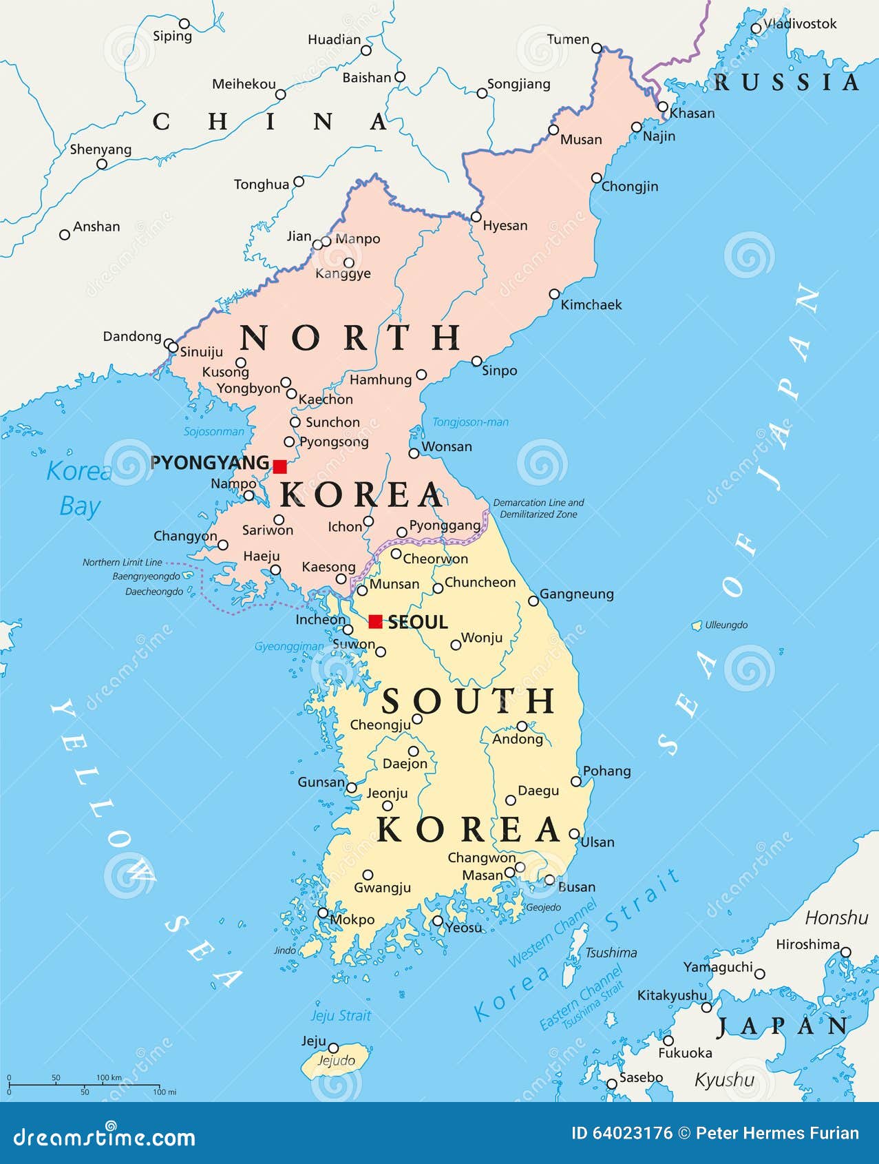 Coreia Do Norte E Mapa Político De Coreia Do Sul Ilustração do Vetor