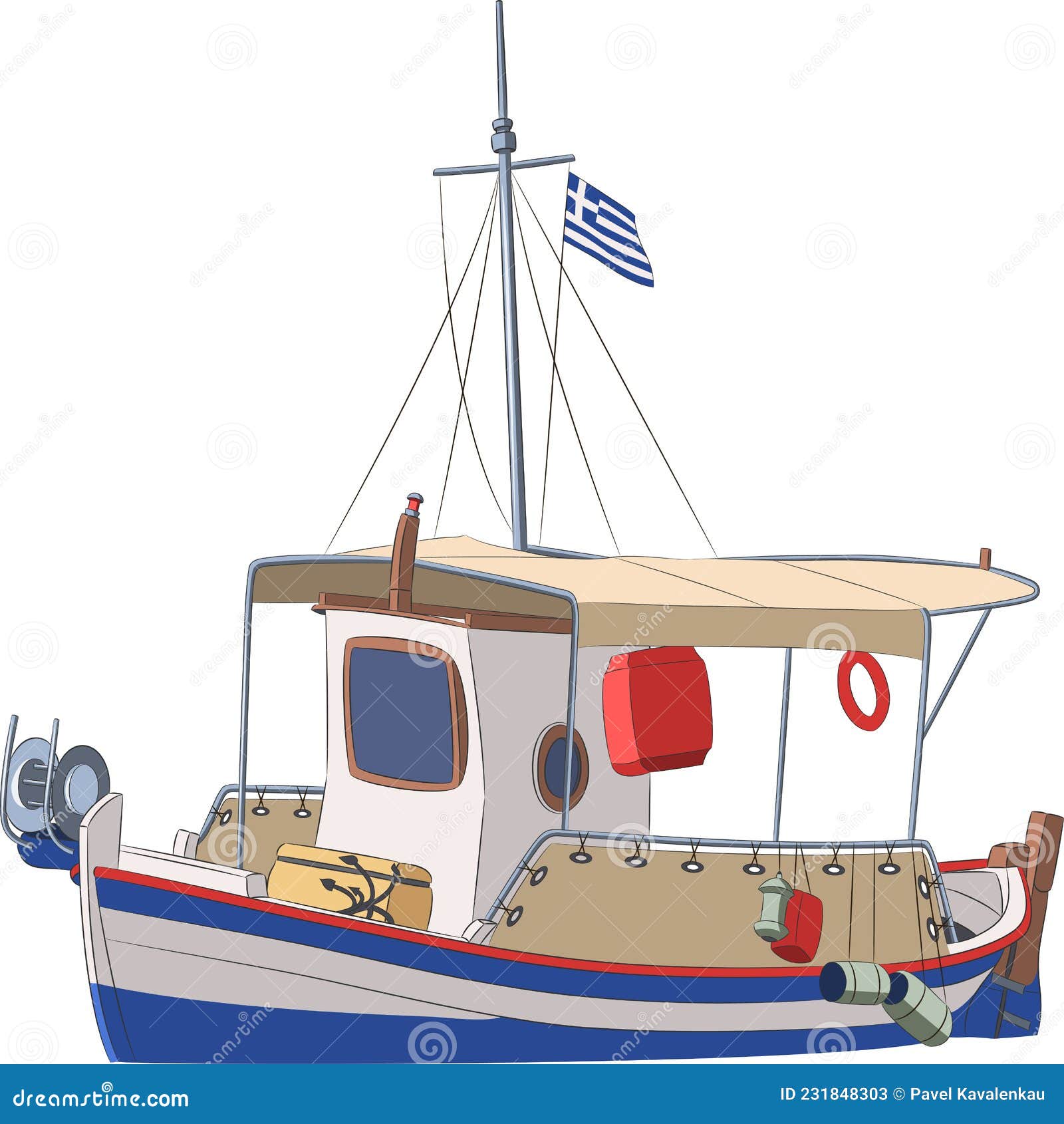 Corfu. Multicolored Fishing Boat with the Greek Flag. Stock Vector -  Illustration of island, traditional: 231848303