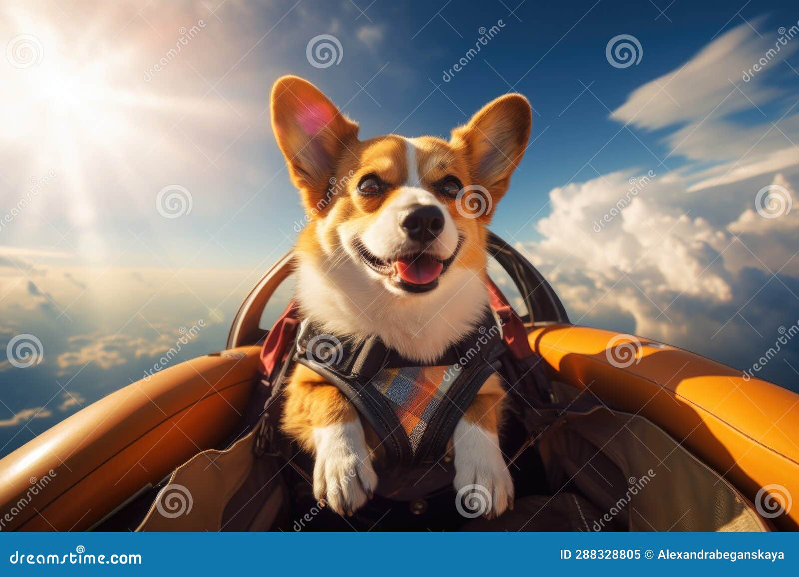 A Dog is Flying in a Plane Under the Clouds Stock Illustration