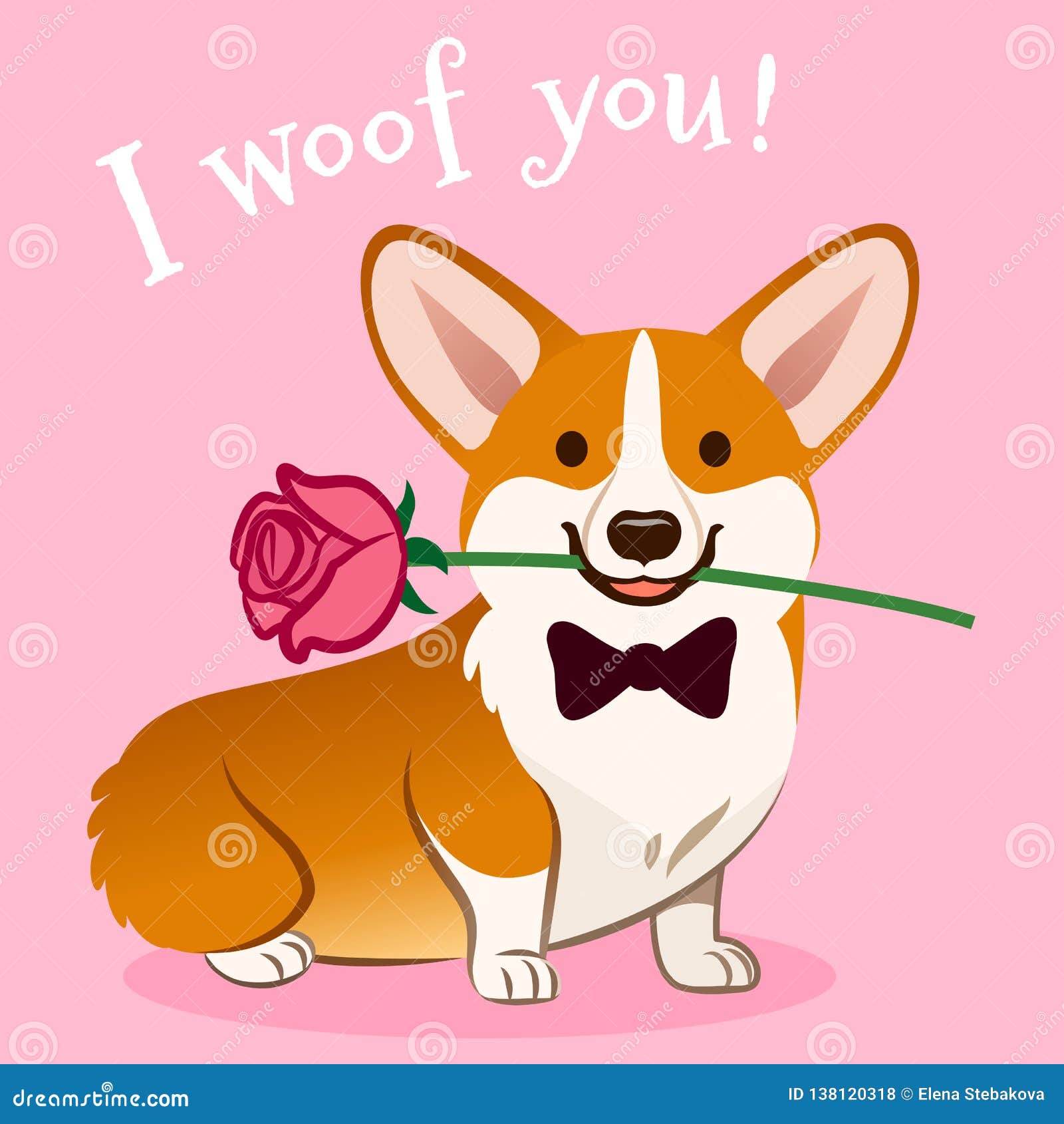 Corgi Dog with Rose Flower in Mouth Valentine`s Day Card Vector Cartoon.  Cute Sitting Corgi Puppy on Pink Background Stock Illustration -  Illustration of face, celebration: 138120318