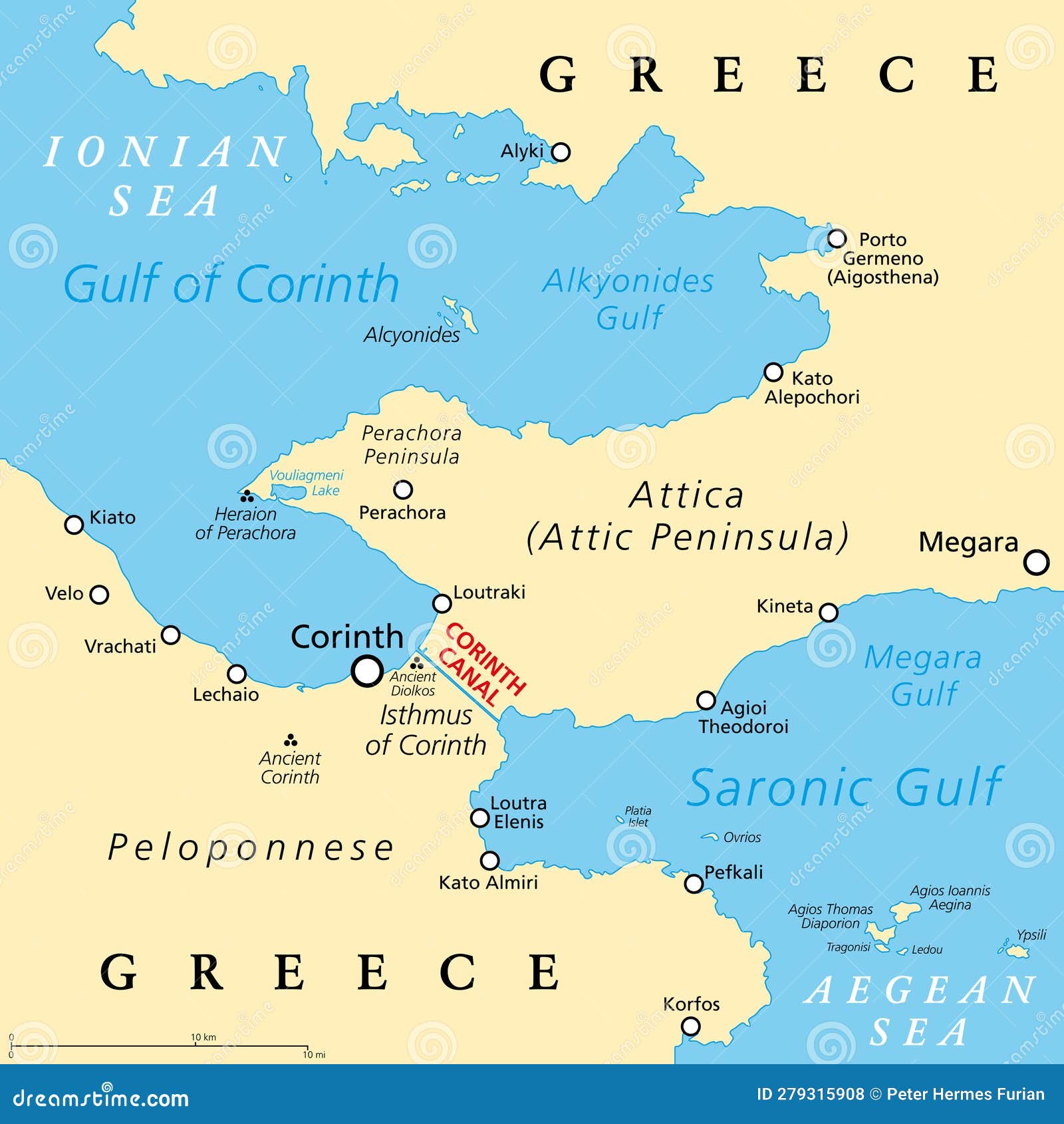 Corinth Canal, Artificial Waterway in Greece, Political Map Stock