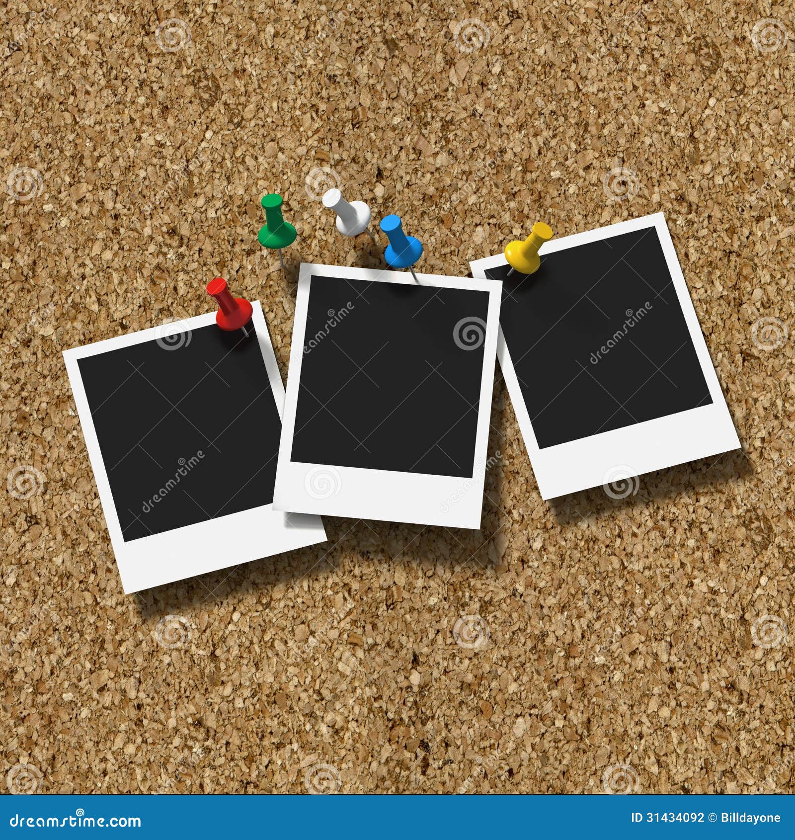Corkboard With Pushpins And Three Polaroid Prints Stock Illustration