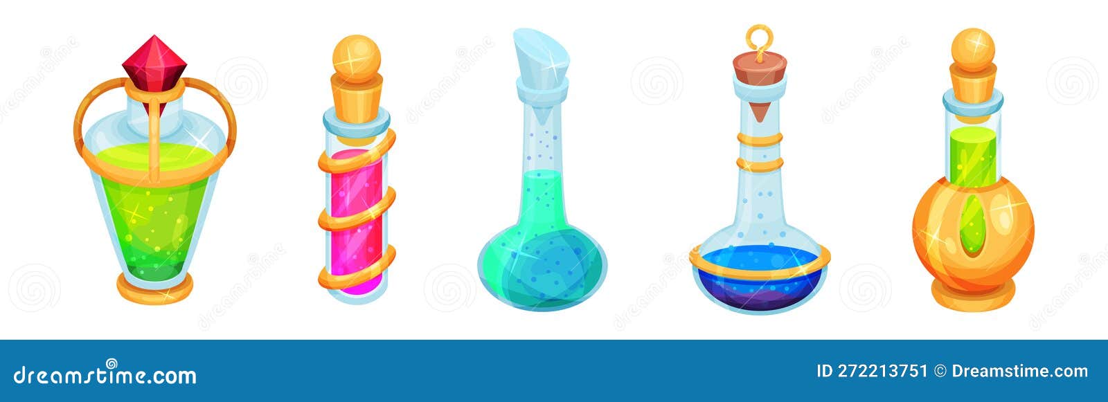 Corked Glass Jars with Magic Liquid Potion Vector Set Stock Illustration Illustration of