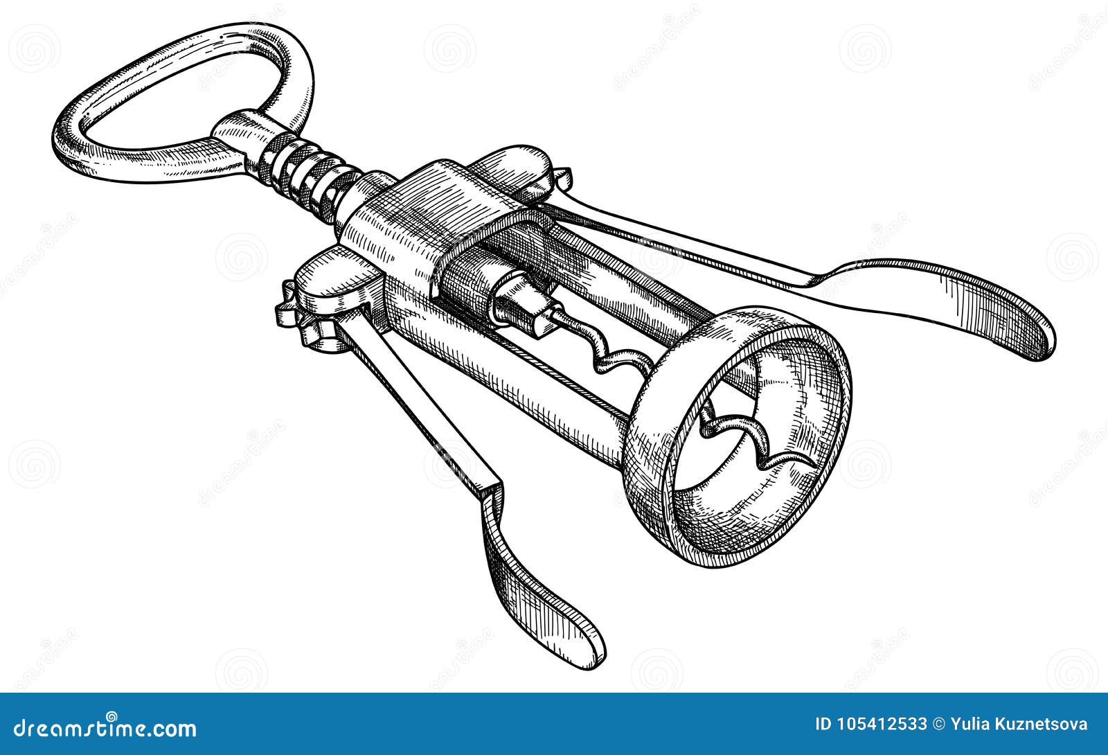 Corkscrew Mechanical, for Opening Wine Bottles, Black and White Vector
