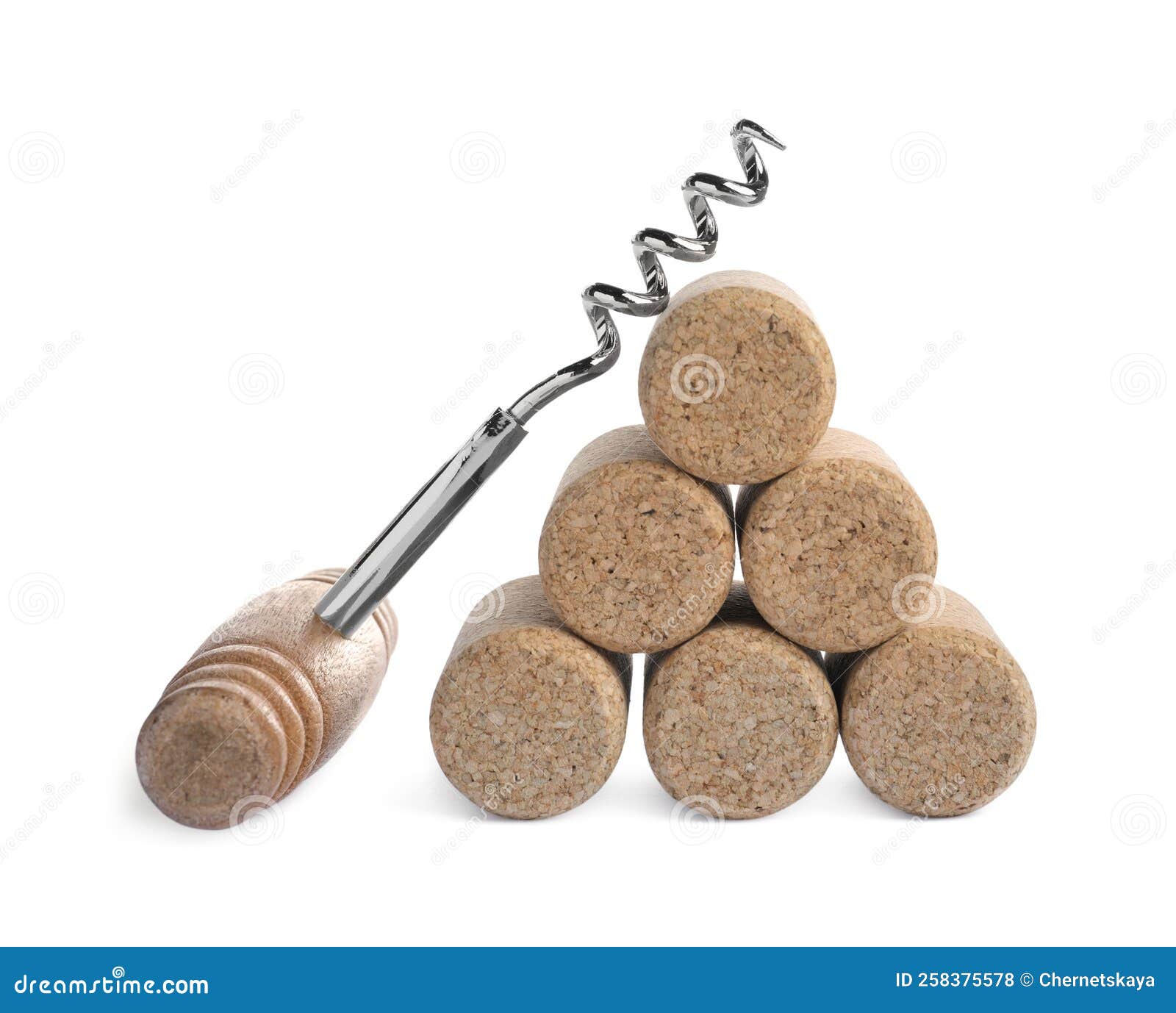 Corkscrew and Stacked Wine Corks on Isolated Background Stock Photo
