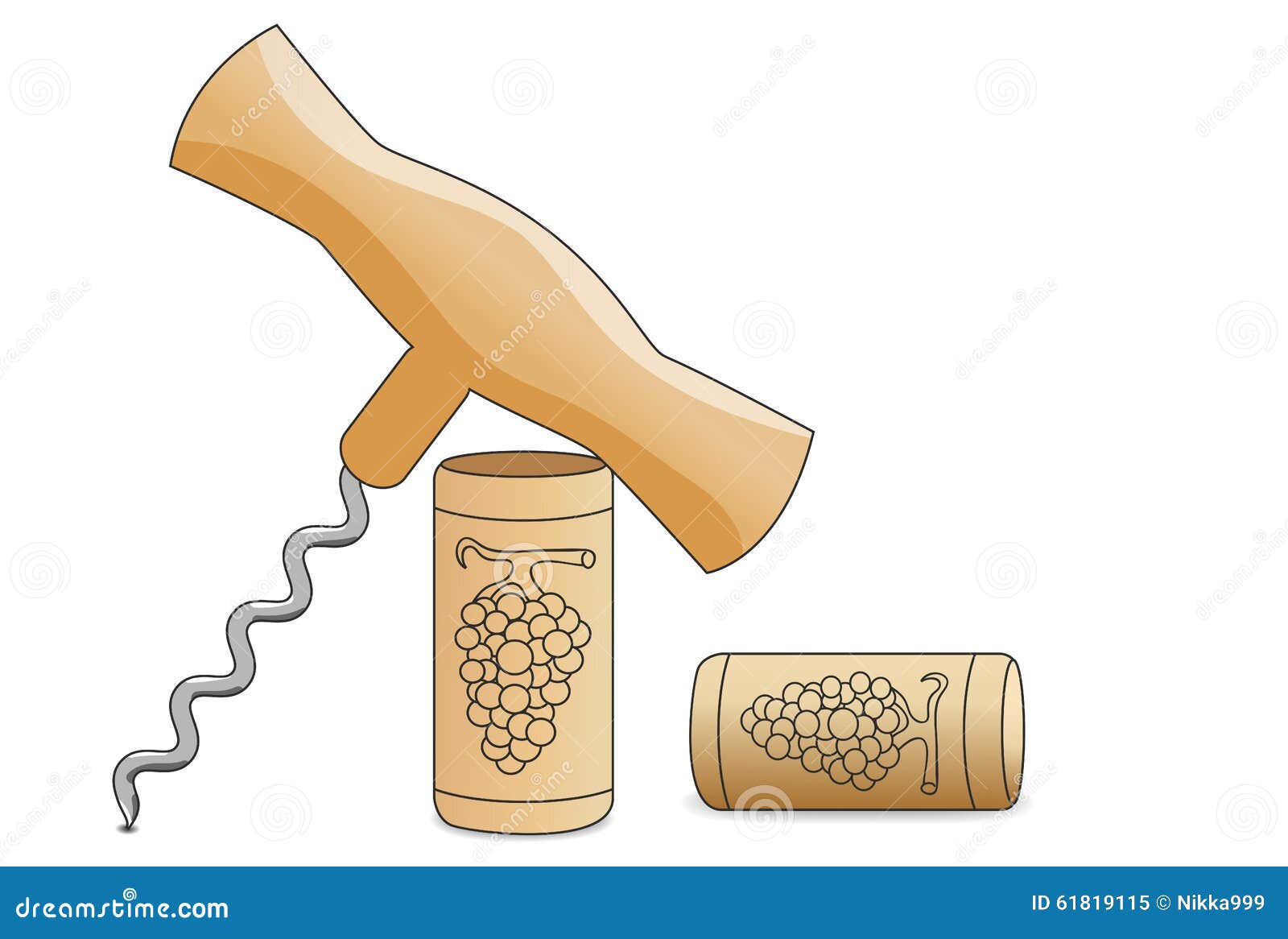 Corkscrew And Two Wine Corks On White Background Stock Vector