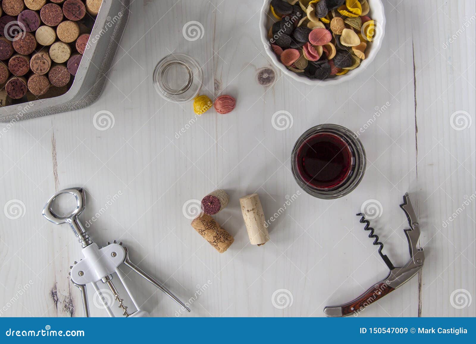 Corkscrews with Corks, Wine and Pasta, Overhead Stock Image Image of