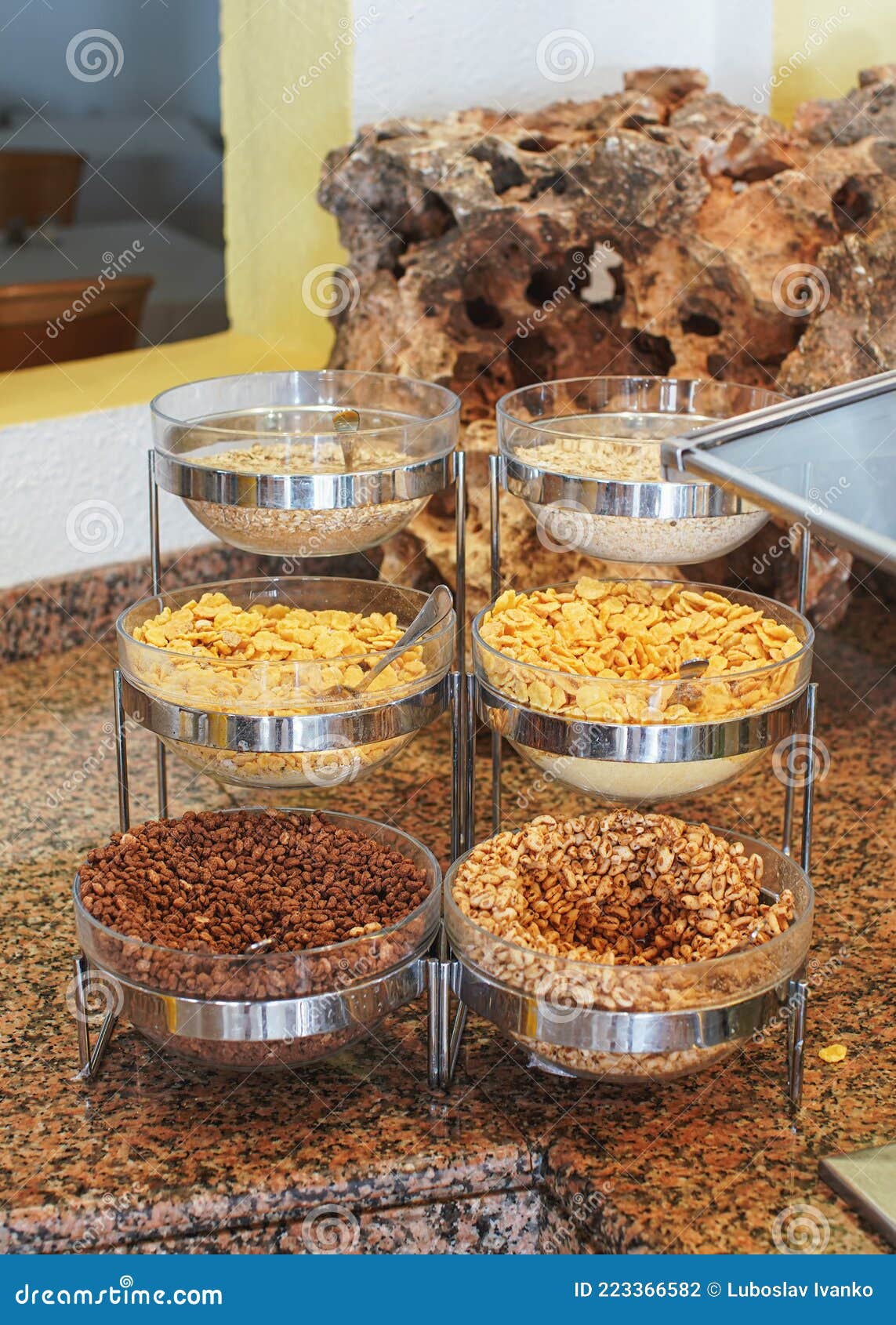 Corn, Cereals and Rice Flakes in Glass Bowls Displayed at Restaurant  Breakfast Buffet Table Stock Photo - Image of corn, background: 223366582, image size:1143x1690