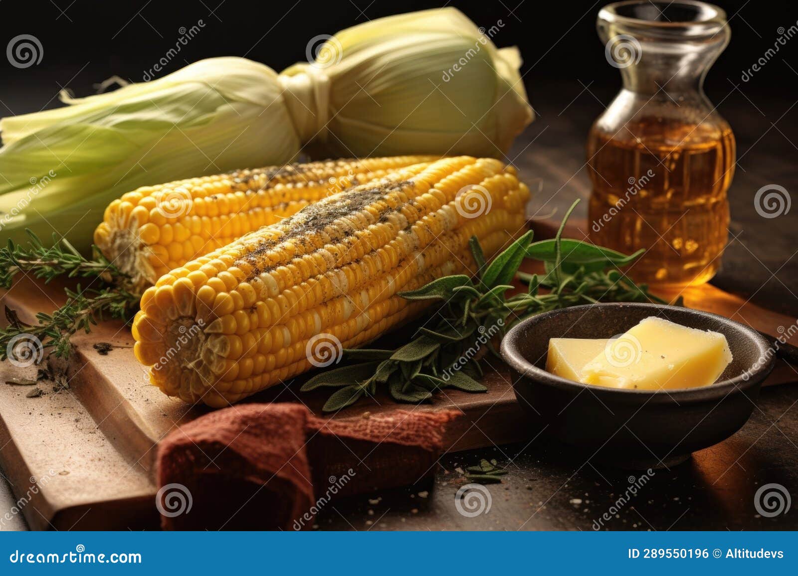 Corn on the Cob with Melting Butter and Seasoning Stock Photo Image