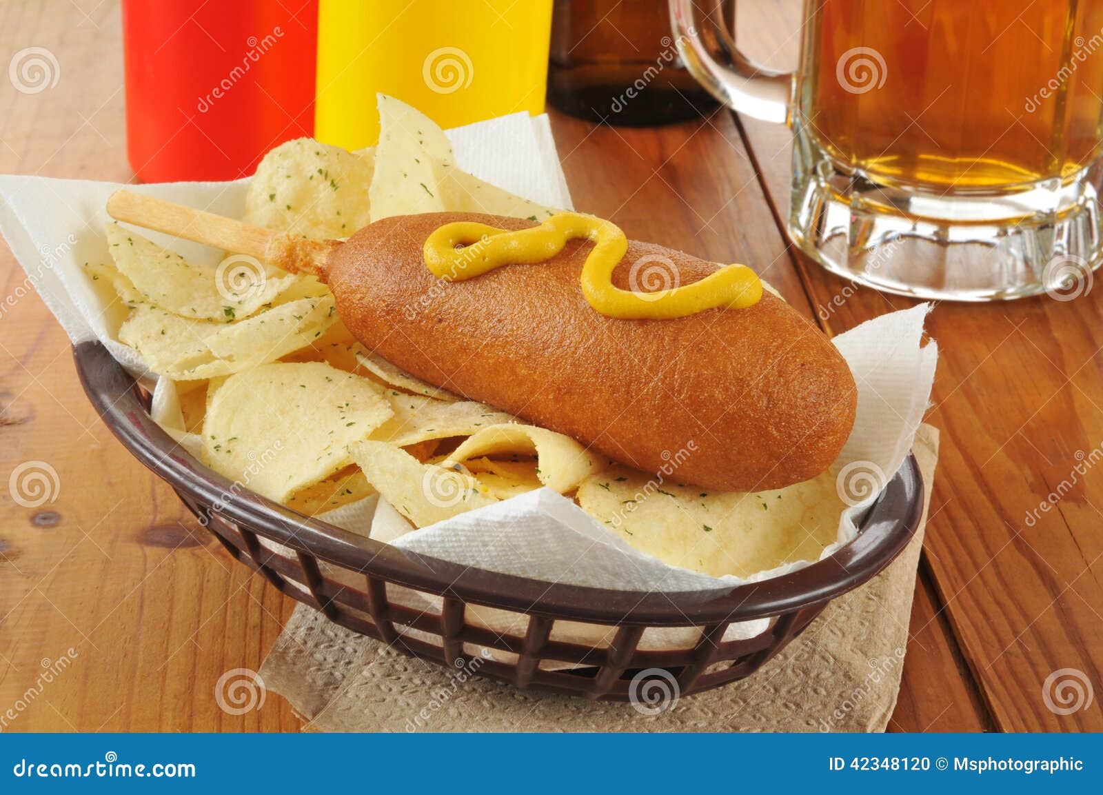 Corn dog and chips stock photo. Image of mustard, wooden 42348120