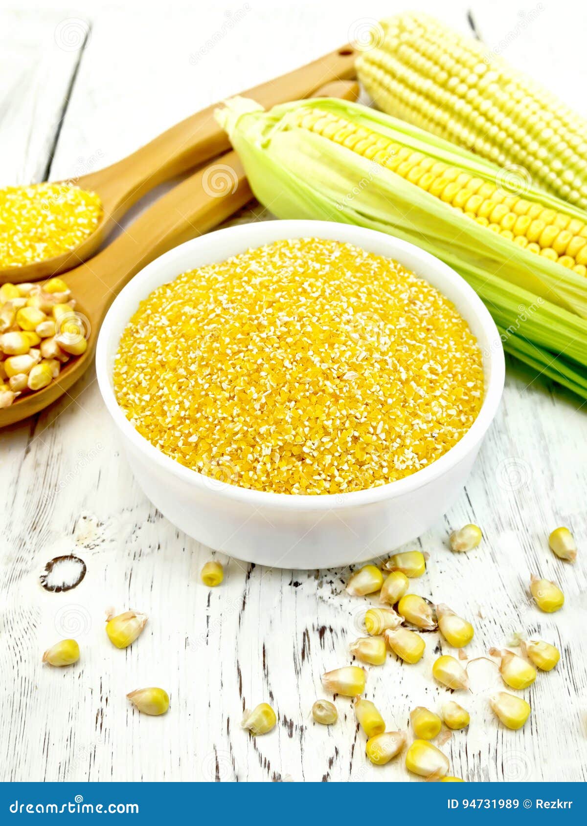 Corn Grits in Bowl with Cobs on Light Board Stock Image Image of heap
