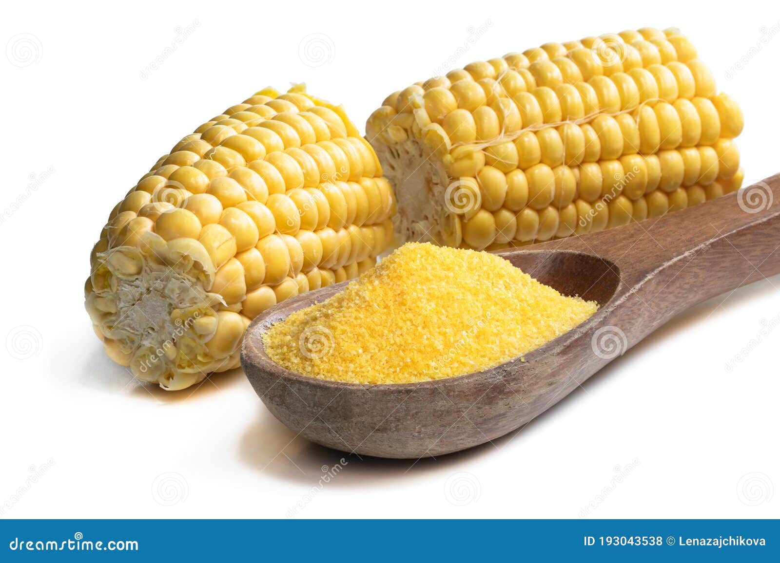 Corn Grits Polenta in Wooden Spoon Isolated on White Stock Photo
