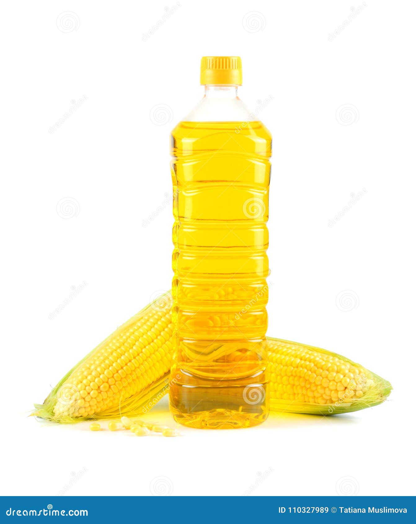 Corn Oil In Plastic Bottle With Corn On Cob Isolated On White