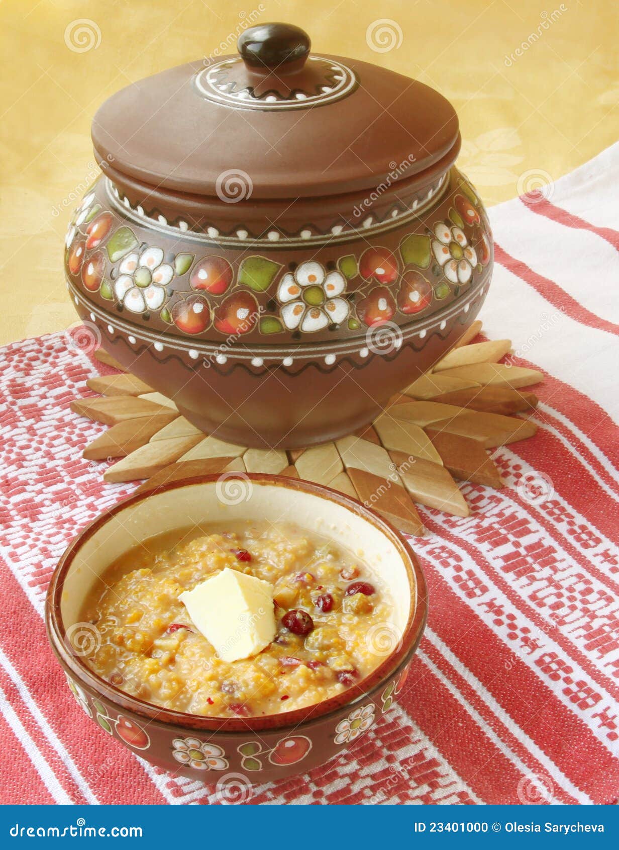 Corn Porridge (banish) with a Cranberry Stock Photo Image of supper
