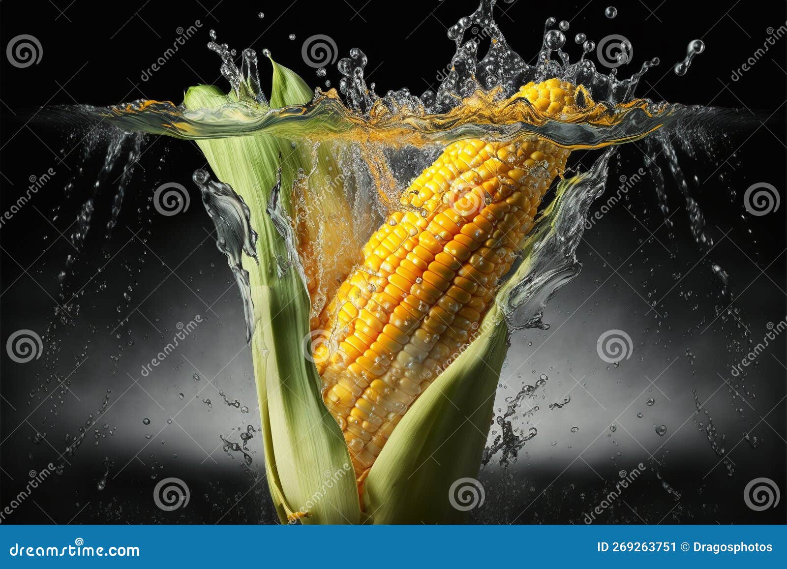 Corn Splashed or Thrown in Water. Water Splash Fresh Fruit Creative