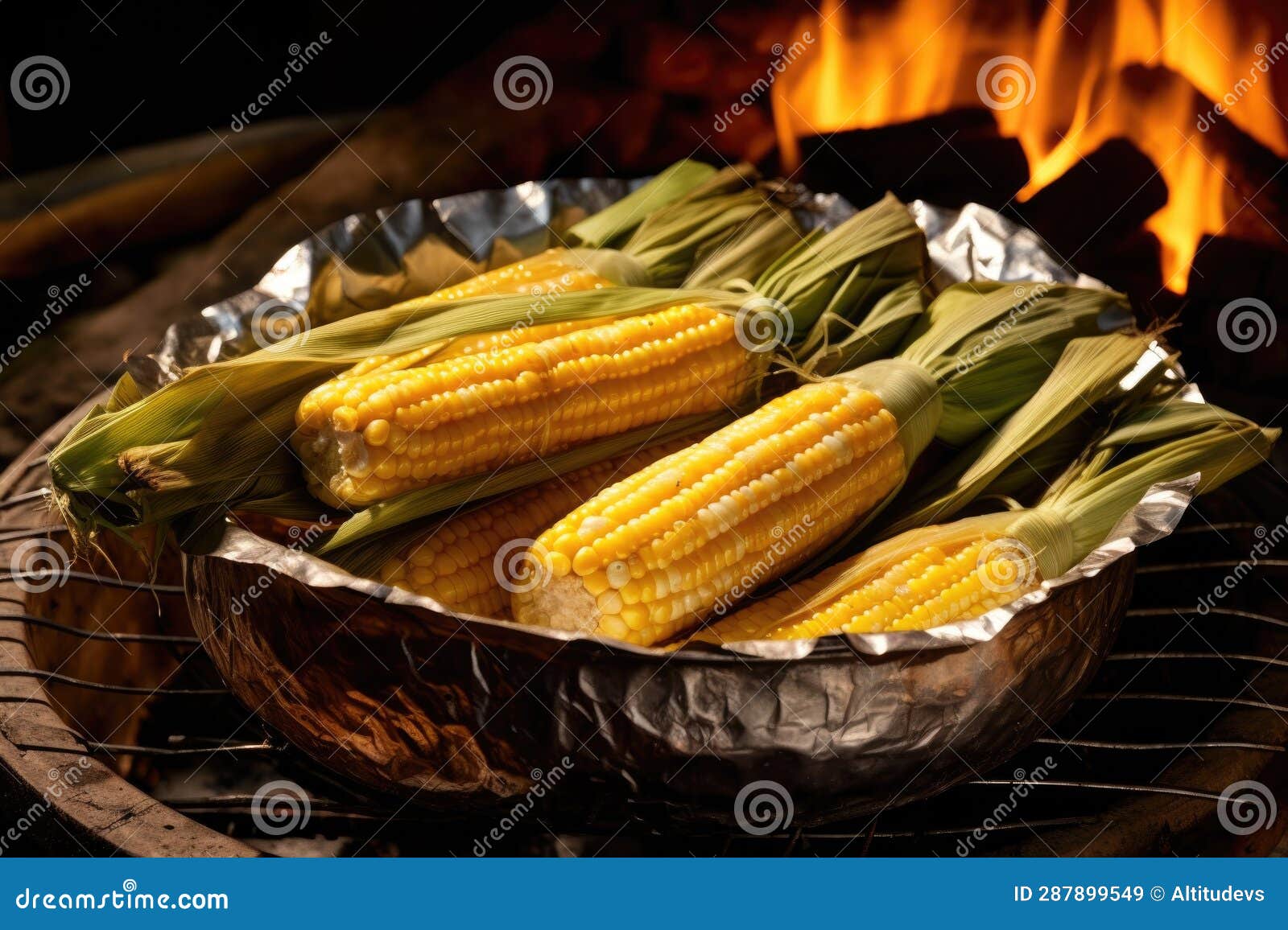 Corn Wrapped in Foil Cooking on a Fire Pit Grate Stock Illustration