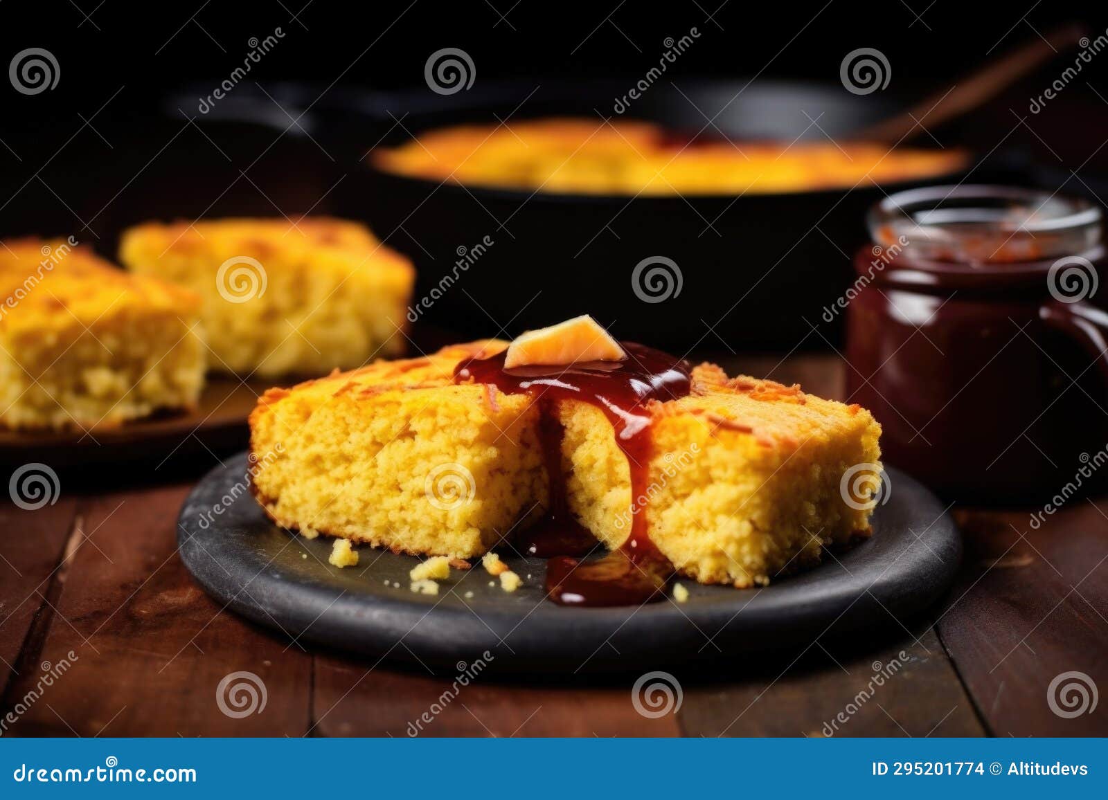 Cornbread Speckled with Bbq Sauce on a Dark Table Stock Photo Image