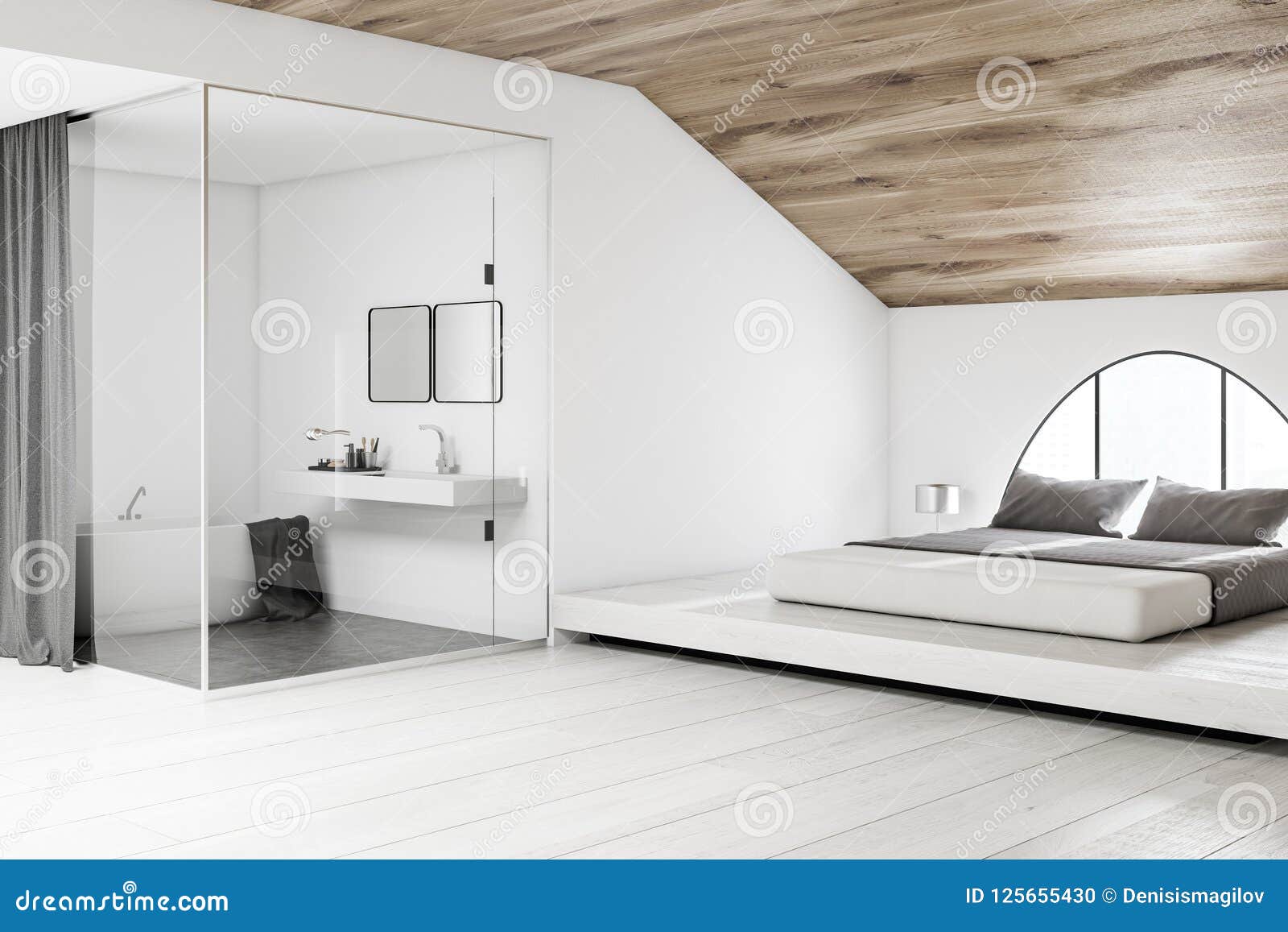Attic White Bedroom Corner Bathroom Wood Ceiling Stock