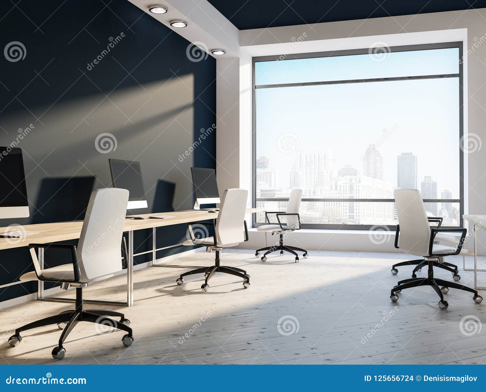 Corner Of Black Ceiling Office With Cityscape Stock Illustration